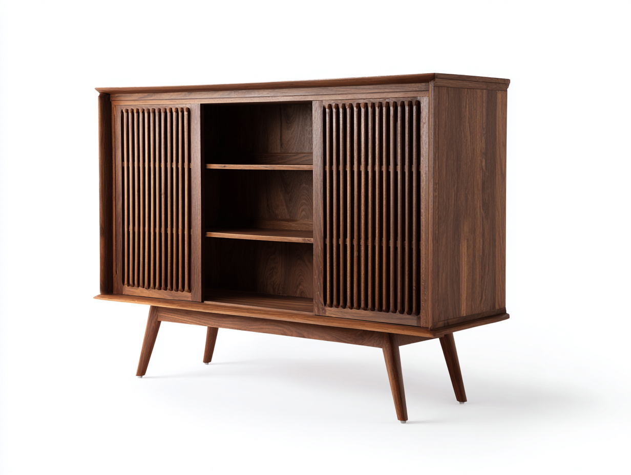 Bücherregal-Holz-150×42×115 cm-Walnussbraun-Mid-Century-Stauraum mit Lamellentüren fürs Arbeitszimmer-Kanorvahouse