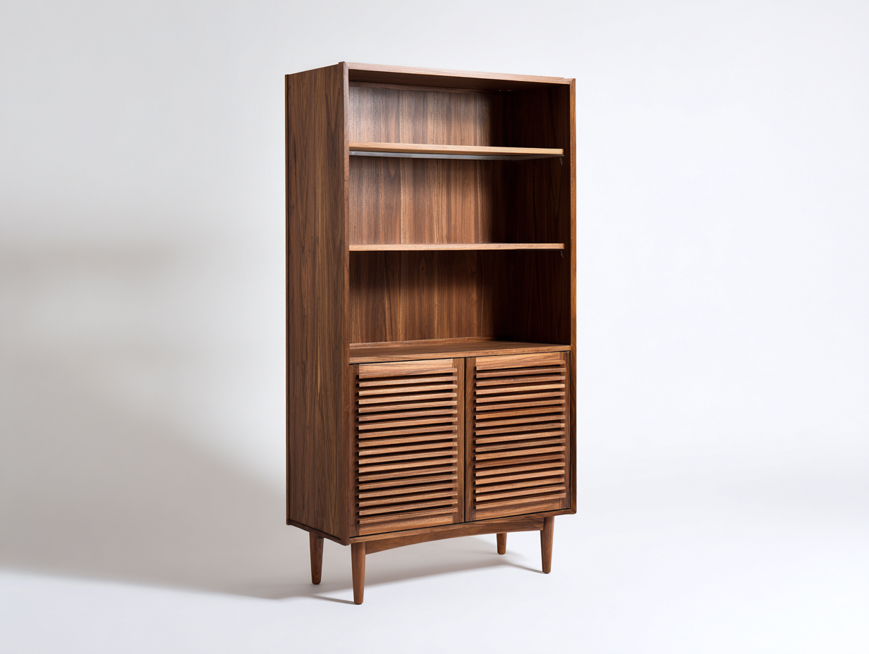 Bücherregal-Holz-88×40×190 cm-Walnussbraun-hoher Mid-Century-Schrank mit offenen Fächern fürs Arbeitszimmer-Kanorvahouse