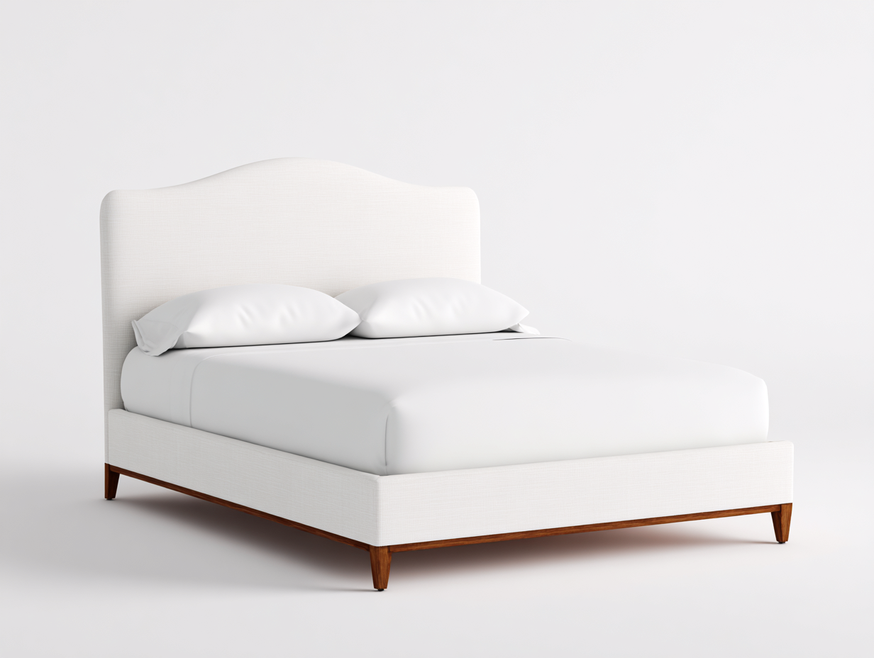 Bett-Stoff-Holz-160×200 cm-Weiß/Braun-gepolstertes Doppelbett mit geschwungenem Kopfteil fürs Gästezimmer-Kanorvahouse