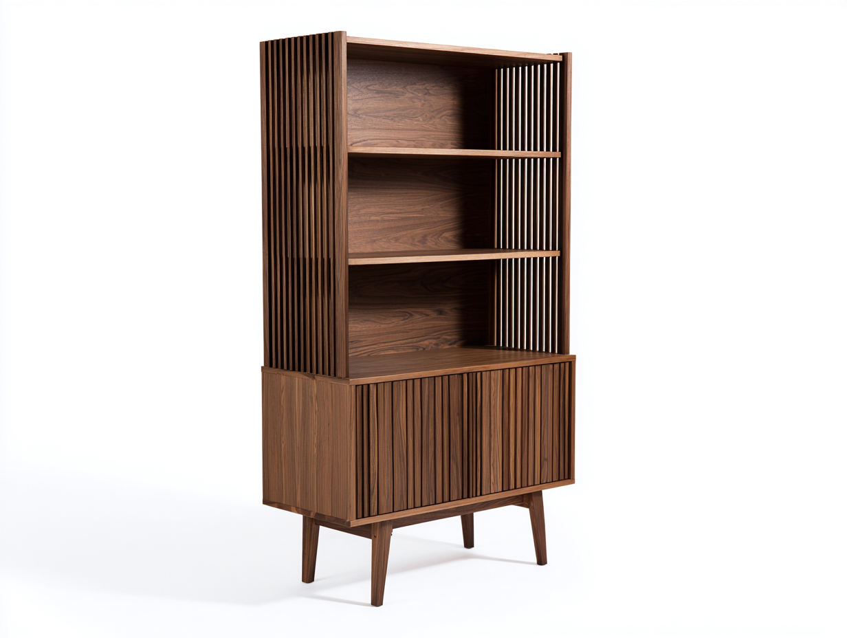 Bücherregal-Holz-88×40×178 cm-Dunkelbraun-drei offene Fächer mit Lamellenseiten und Unterschrank fürs Arbeitszimmer-Kanorvahouse