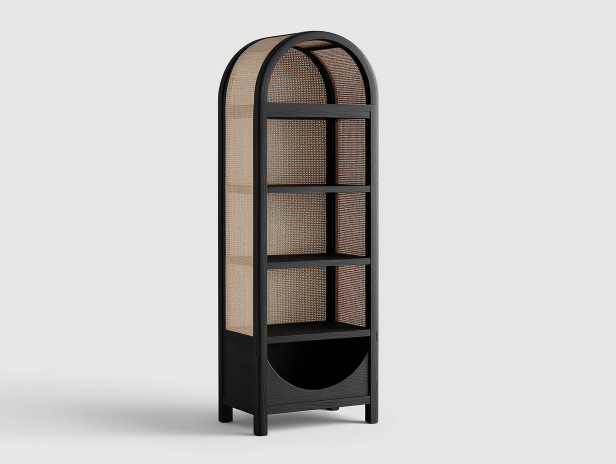 Bücherregal-Holz-Rattan-62×38×185 cm-Schwarz/Naturfarben-Bogendesign mit 4 offenen Fächern fürs Arbeitszimmer-Kanorvahouse