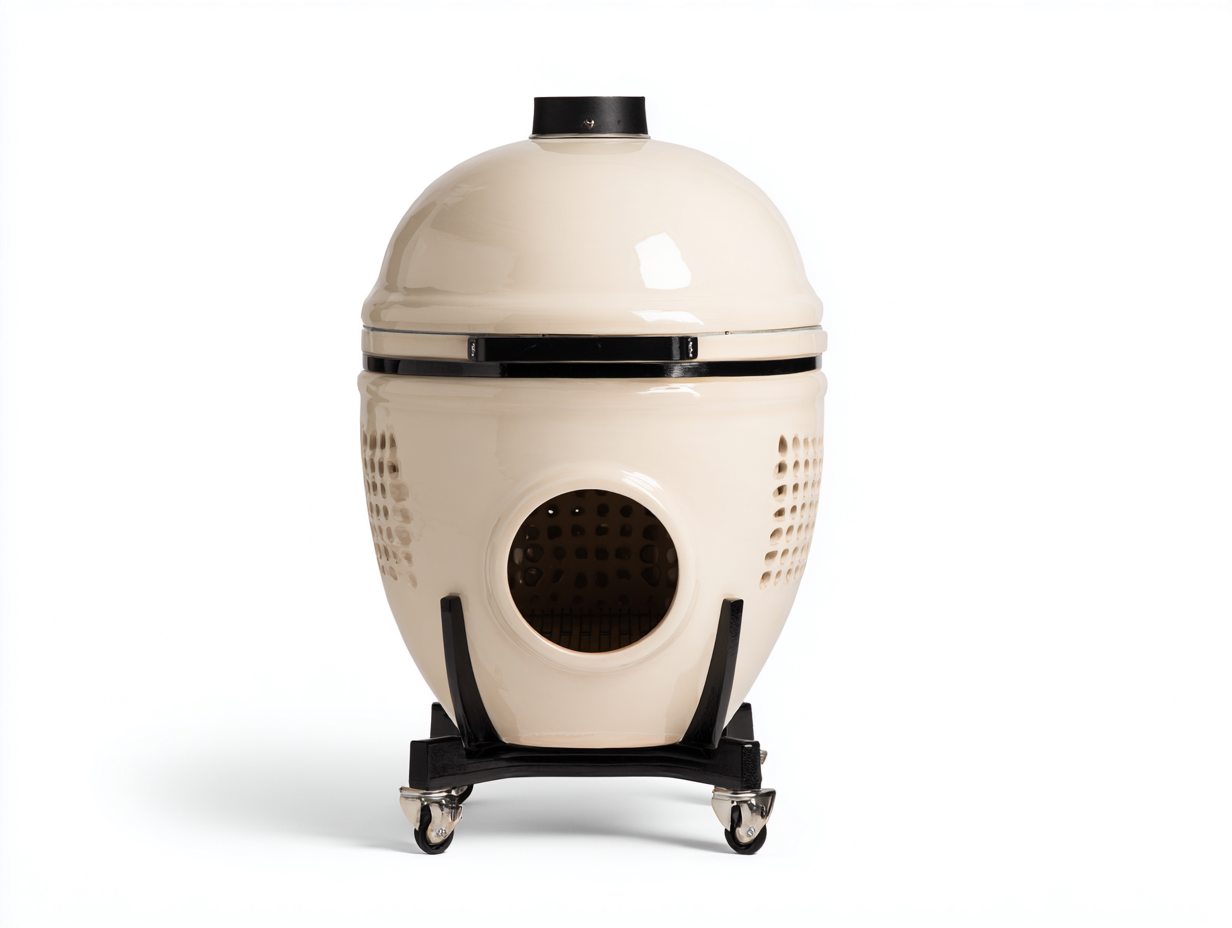 Kamado-Grill-Keramik-Metall-72×68×112 cm-Creme/Schwarz-mobiler Garten-Grill-Riviasohaus