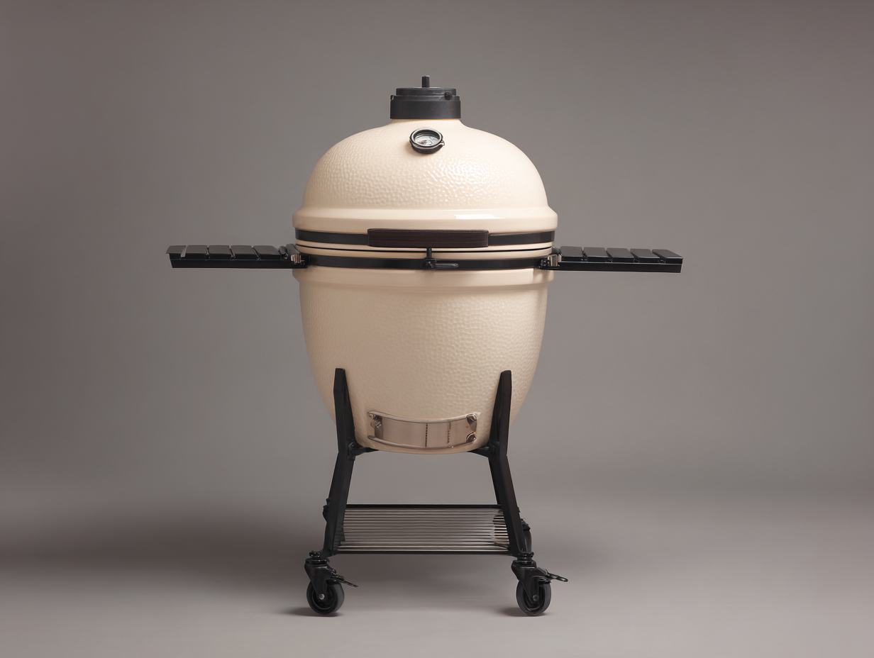 Kamado-Grill-Keramik-Stahl-128×72×135 cm-Creme/Schwarz-Standgrill mit Thermometer und Ablage für den Garten-Riviasohaus