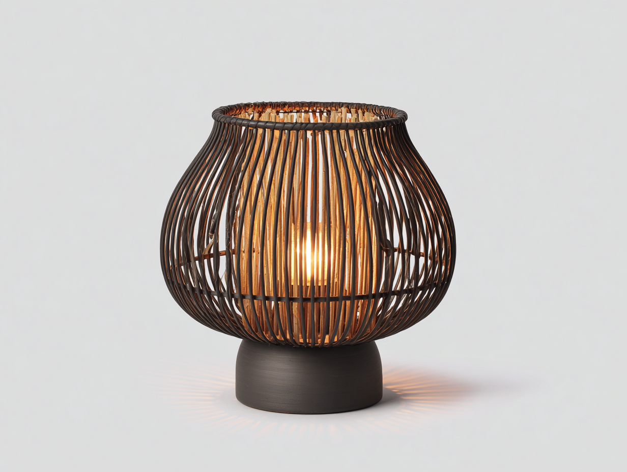 Tischleuchte-Rattan-Metall-Ø35×43 cm-Dunkelbraun-schirmförmige Flechtleuchte fürs Wohnzimmer-Riviasohaus