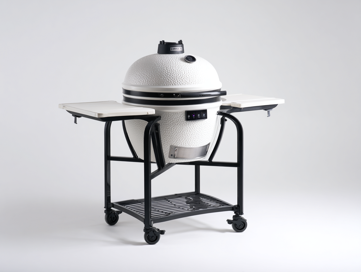 Kamado-Grill-Keramik-118×70×116 cm-Weiß/Schwarz-Garten-zwei Seitenablagen und fahrbares Untergestell-Riviasohaus