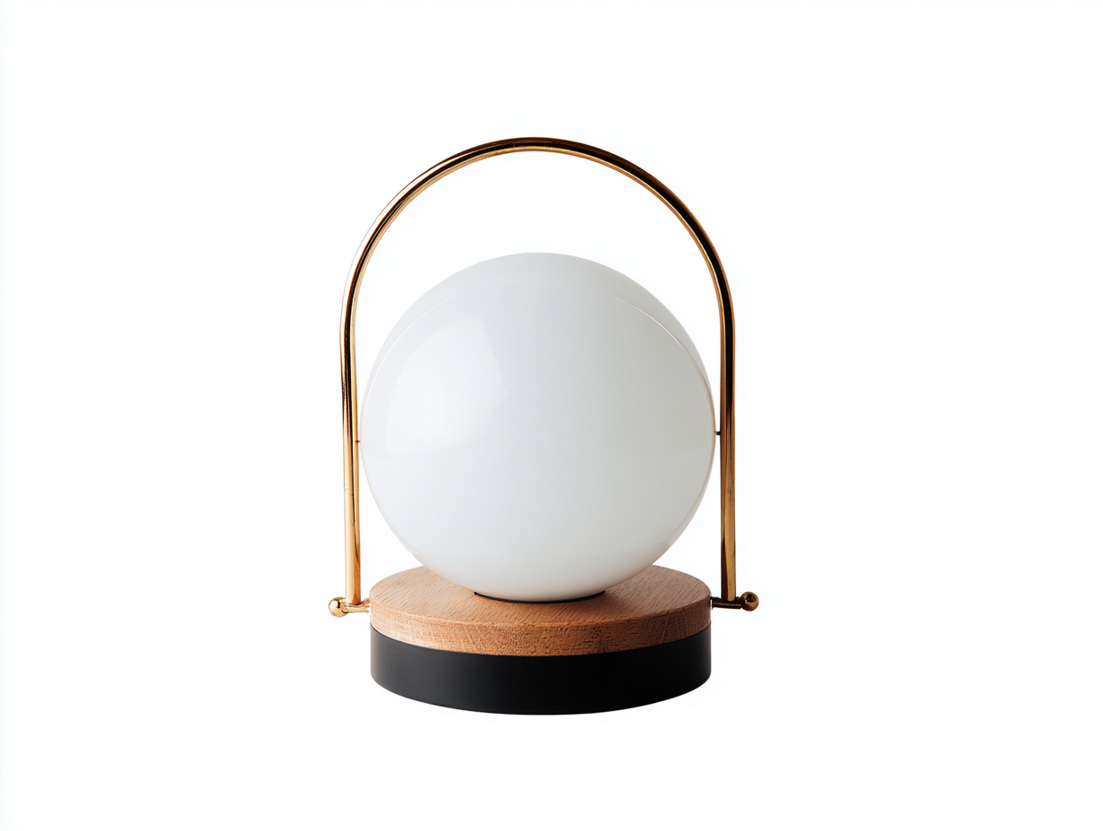 Tischleuchte-Opalglas-Holz-Metall-24×18×32 cm-Weiß/Natur/Gold-Bogenleuchte fürs Wohnzimmer-Riviasohaus