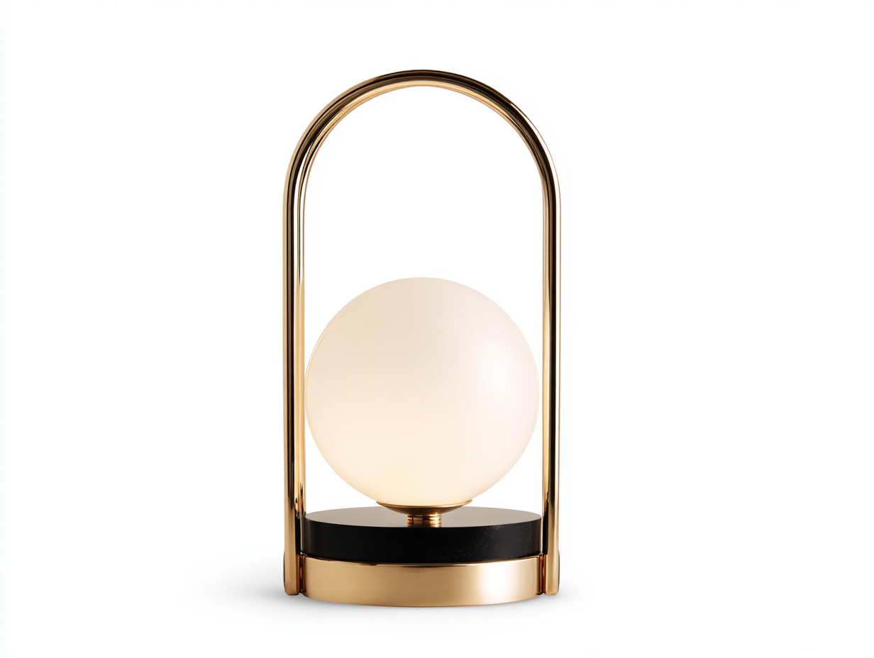 Tischleuchte-Glas und Metall-24×18×45 cm-Gold/Schwarz/Warmweiß-hoher Bügelrahmen mit Lichtkugel fürs Wohnzimmer-Riviasohaus