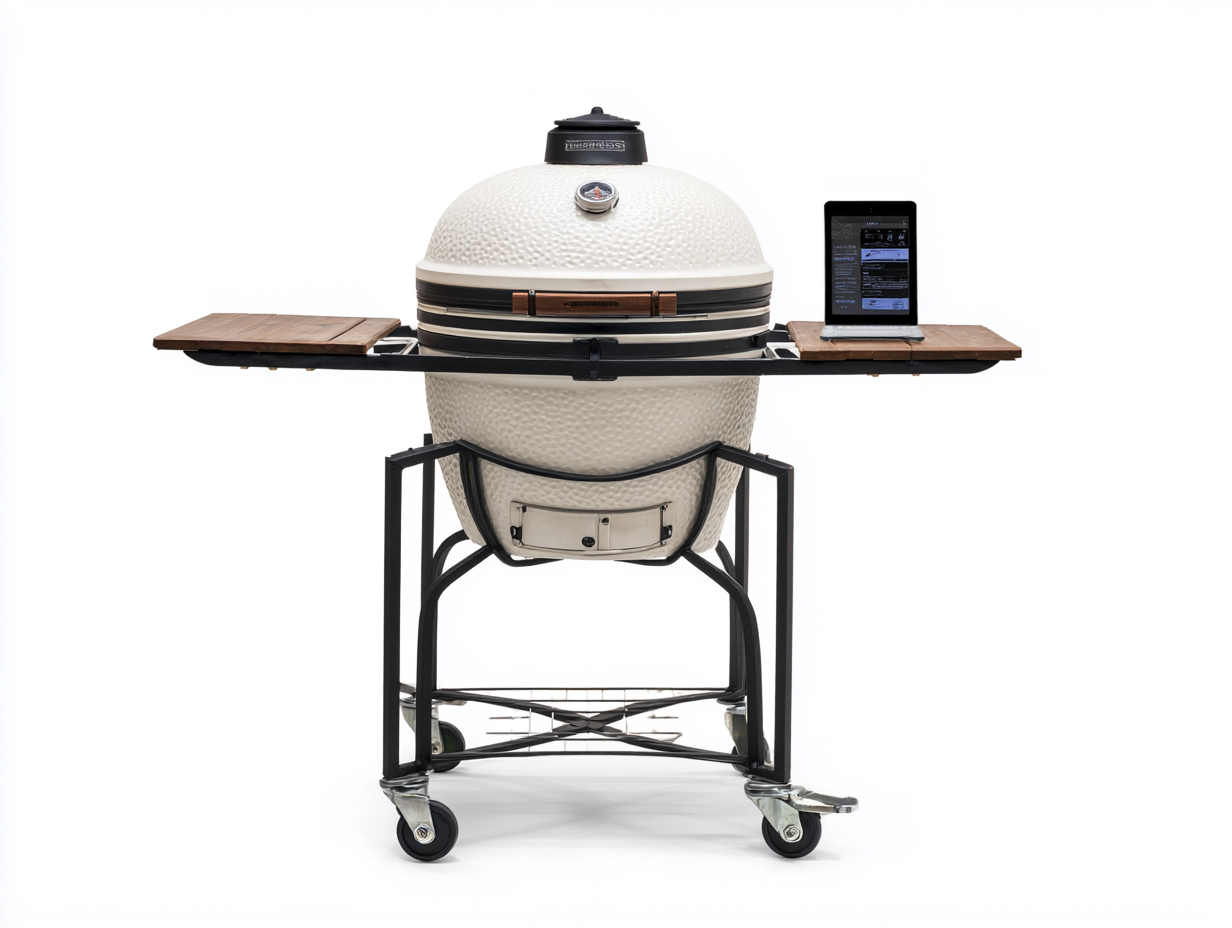 Kamado-Grill-Keramik-Metall-Holz-132×76×123 cm-Creme/Schwarz/Braun-mit Seitentischen und Fahrgestell-Riviasohaus