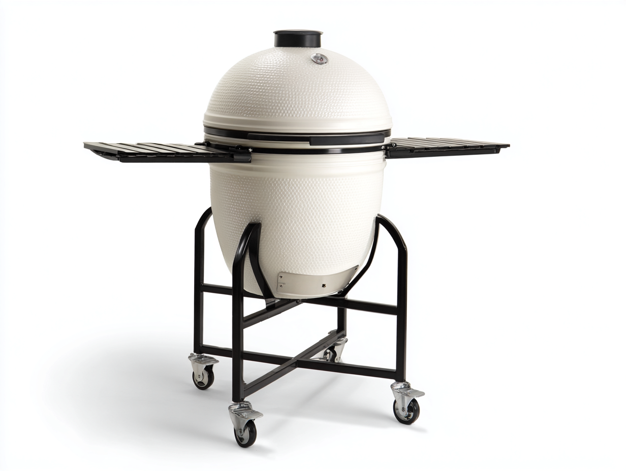 Kamado-Grill-Keramik-120×70×115 cm-Weiß/Schwarz-Garten-seitliche Ablagen und Rollgestell-Riviasohaus