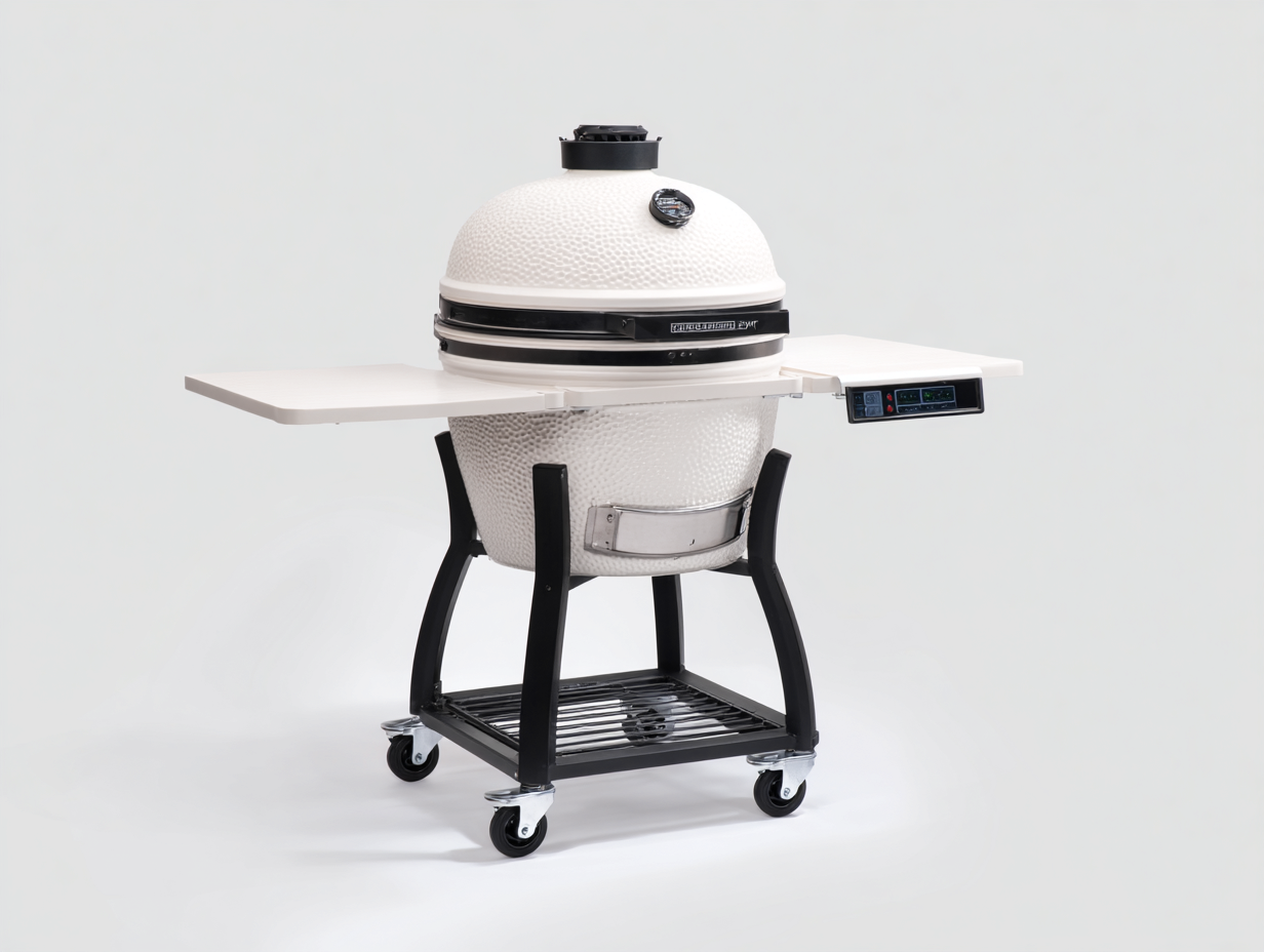 Kamado-Grill-Keramik-Metall-126×72×119 cm-Weiß/Schwarz-mit Seitentischen und Bedienfeld-Riviasohaus