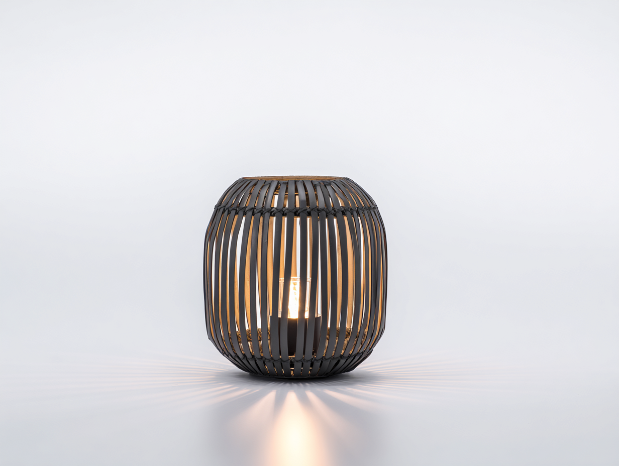 Tischleuchte-Metall-Bambus-28×28×30 cm-Dunkelgrau/Natur-runde Lamellenoptik fürs Wohnzimmer-Riviasohaus