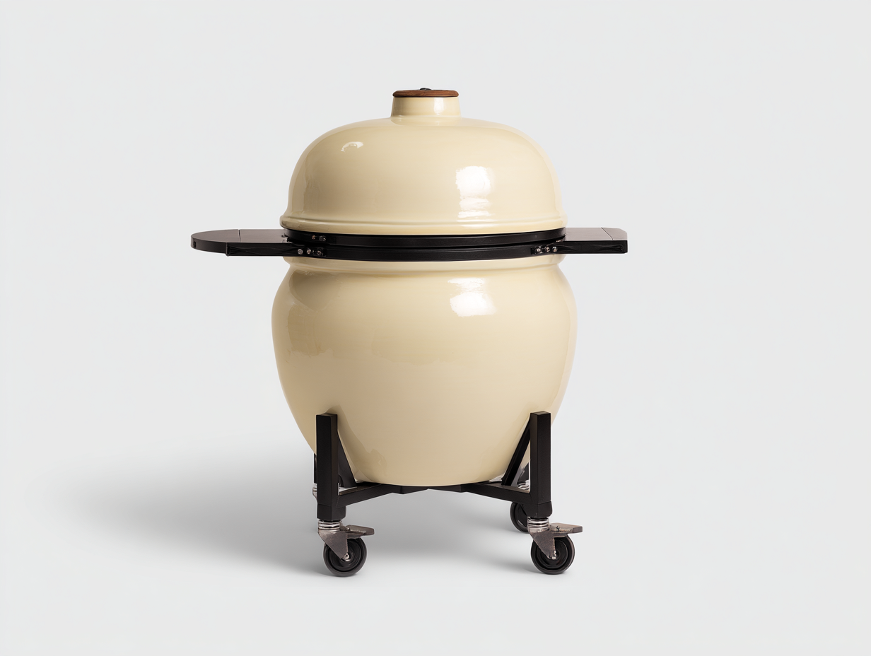 Kamado-Grill-Keramik-Stahl-122×70×120 cm-Creme/Schwarz-mobiler Holzkohlegrill mit Seitenablagen für den Garten-Riviasohaus