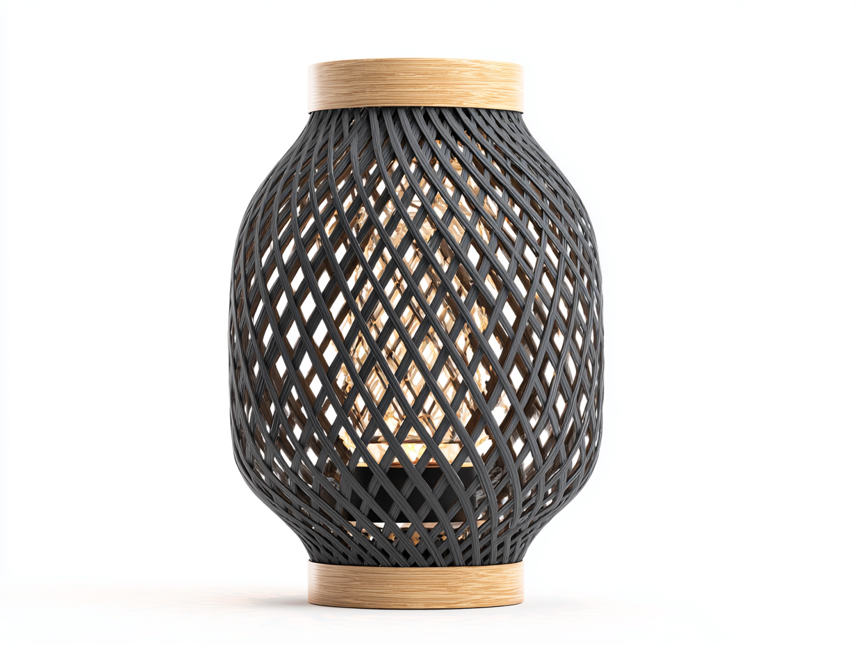 Tischleuchte-Bambus-Rattan-Metall-Ø34×49 cm-Anthrazit/Natur-rautenförmige Flechtleuchte fürs Wohnzimmer-Riviasohaus