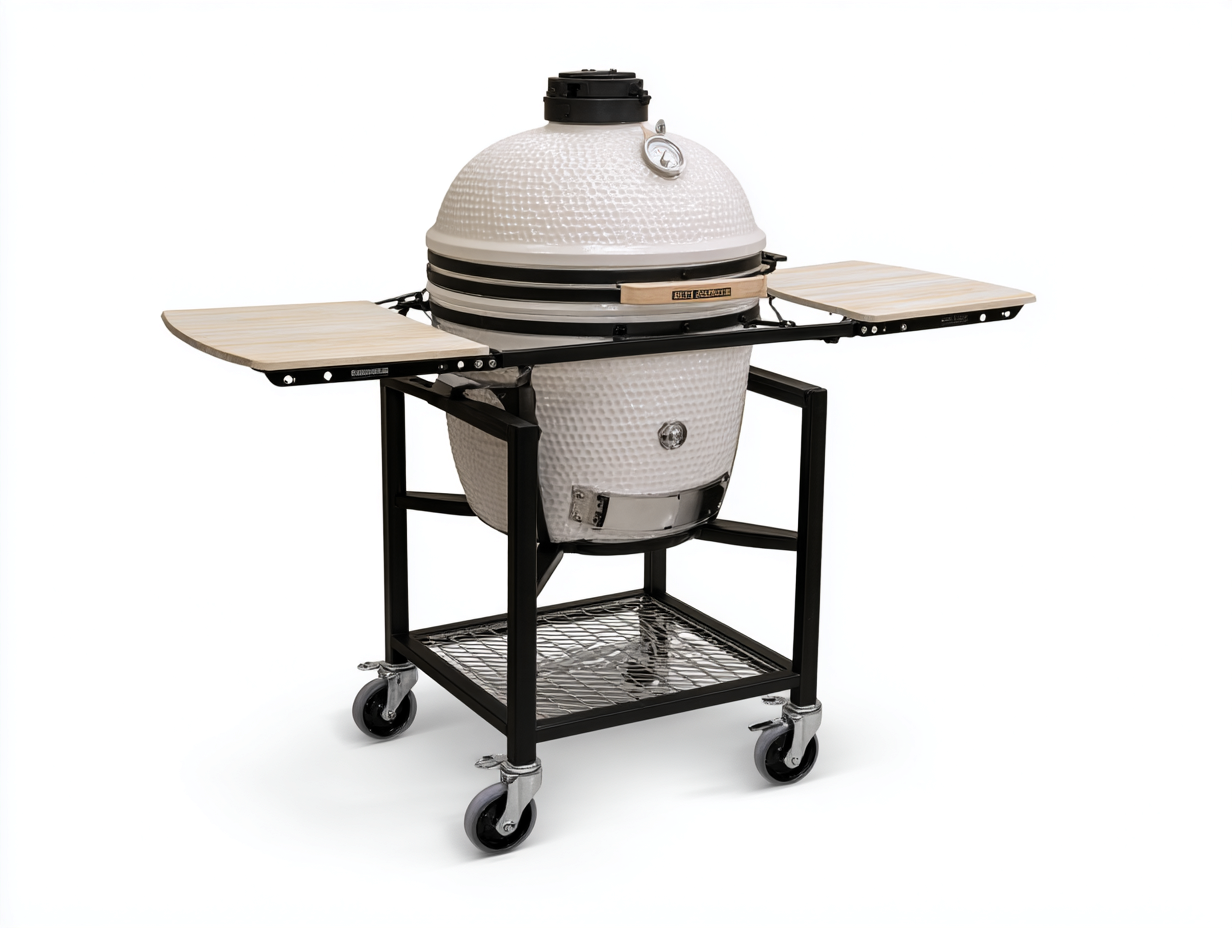 Kamado-Grill-Keramik-122×72×118 cm-Weiß/Schwarz-Garten-seitliche Holzablagen mit Rollgestell-Riviasohaus