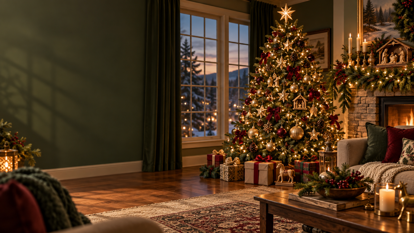 A warmly decorated Christmas living room