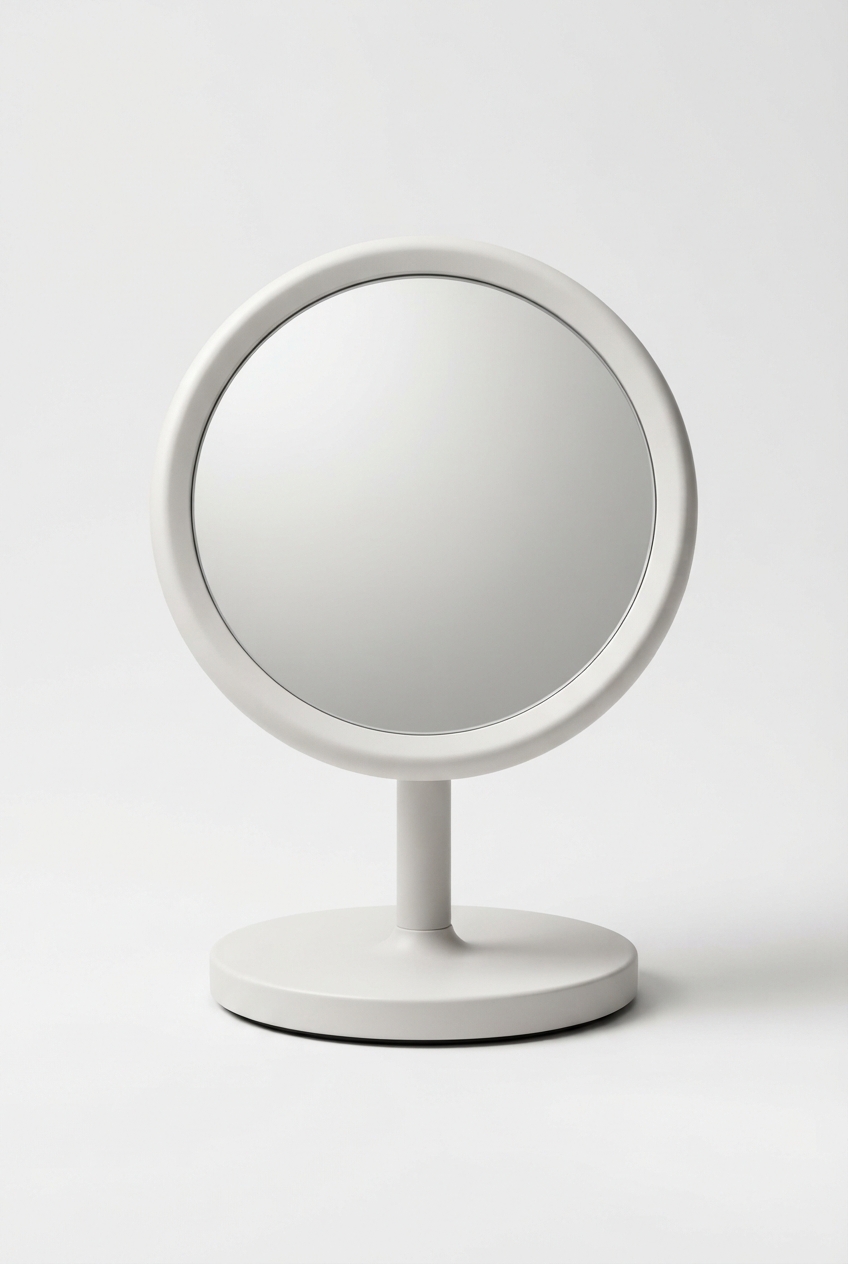 Small tabletop vanity mirror with round glass