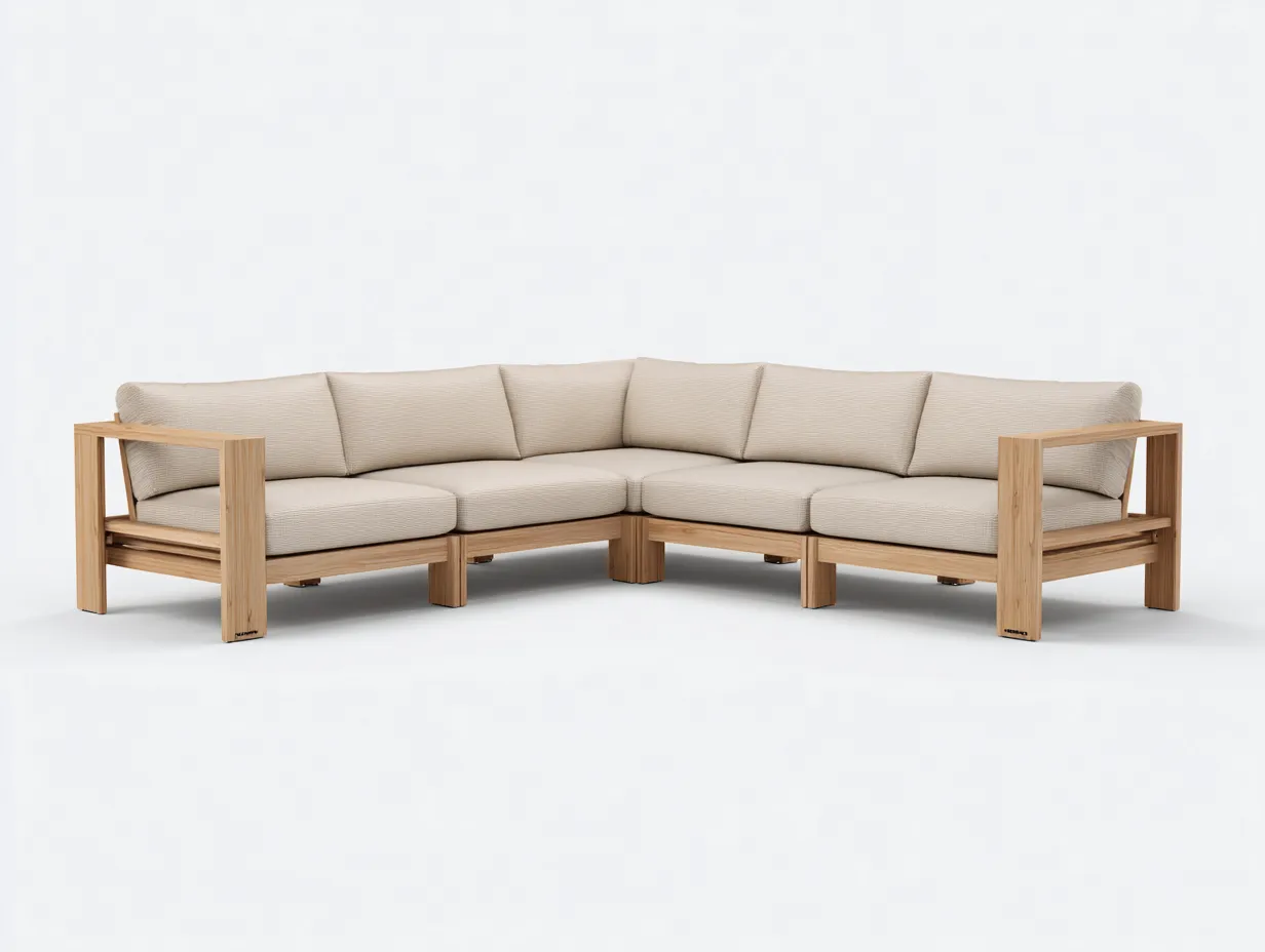 Sofa 300×235×82 cm – Hellbeige/Holzfarben – großzügiges Ecksofa im modernen Wohnstil-Lizosinest