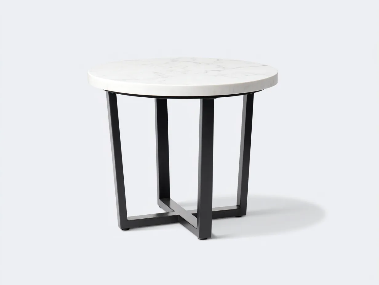 Wohnzimmer Beistelltisch 70×70×45 cm - Weiß - Schwarze Basis mit runder Marmoroptik-Lizosinest