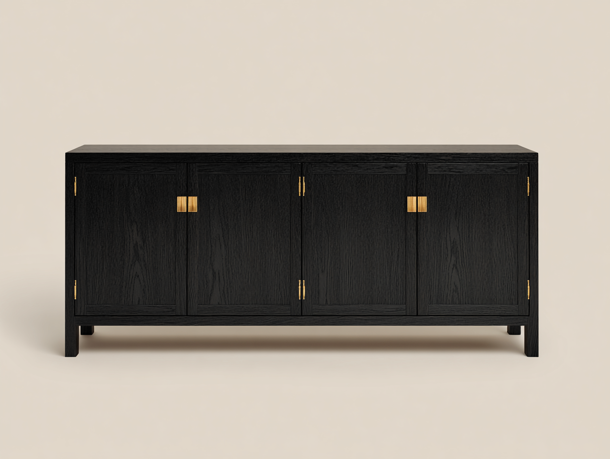 Sideboard-Holz-190×45×82 cm-Schwarz/Gold-Wohnzimmer-4 Türen mit geradliniger Front-Simosidecor