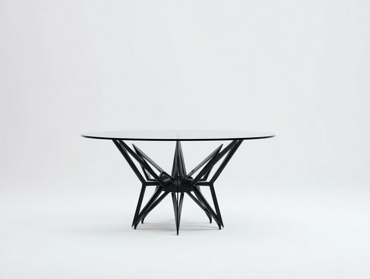 Esstisch-Glas/Metall-125×125×75 cm-Schwarz/Transparent-Esszimmer-runde Platte mit skulpturalem Sternfuß-Simosidecor