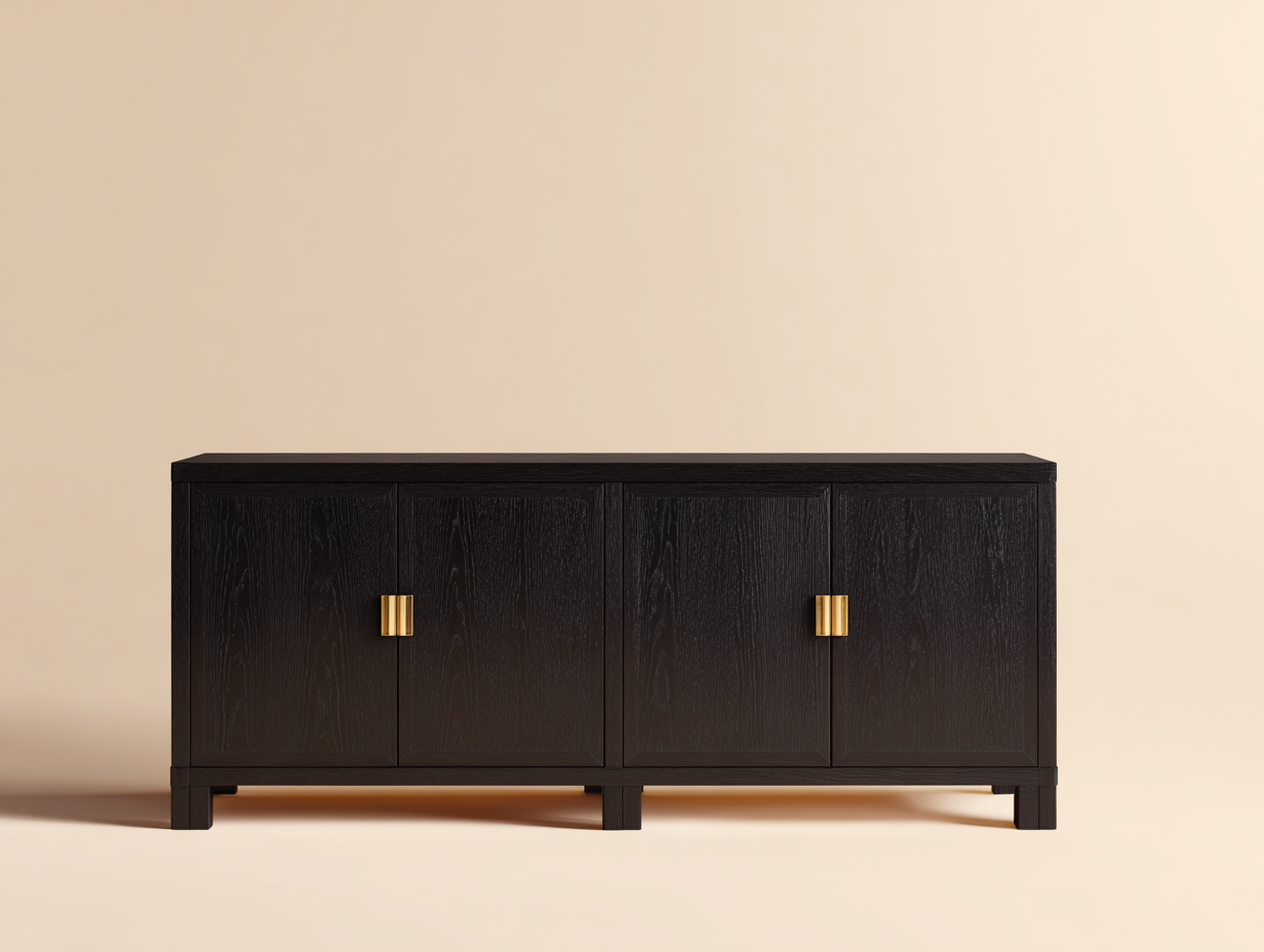 Sideboard-Holz-180×42×75 cm-Schwarz/Gold-vier Türen mit kurzer Sockelbasis fürs Wohnzimmer-Simosidecor