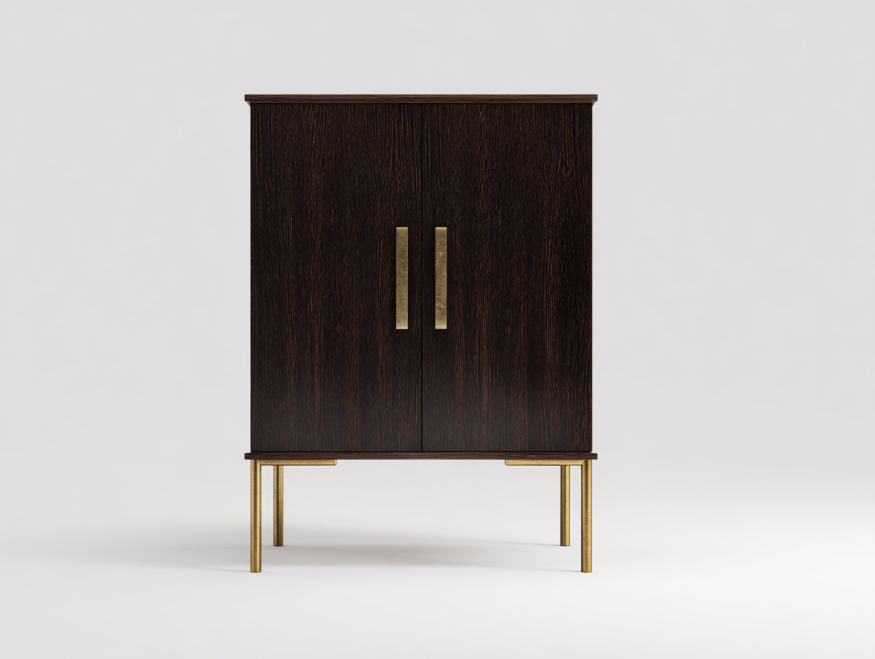 Sideboard-Holz-100×42×120 cm-Dunkelbraun/Gold-Wohnzimmer-2 Türen mit hohen Metallgriffen und schlankem Untergestell-Simosidecor