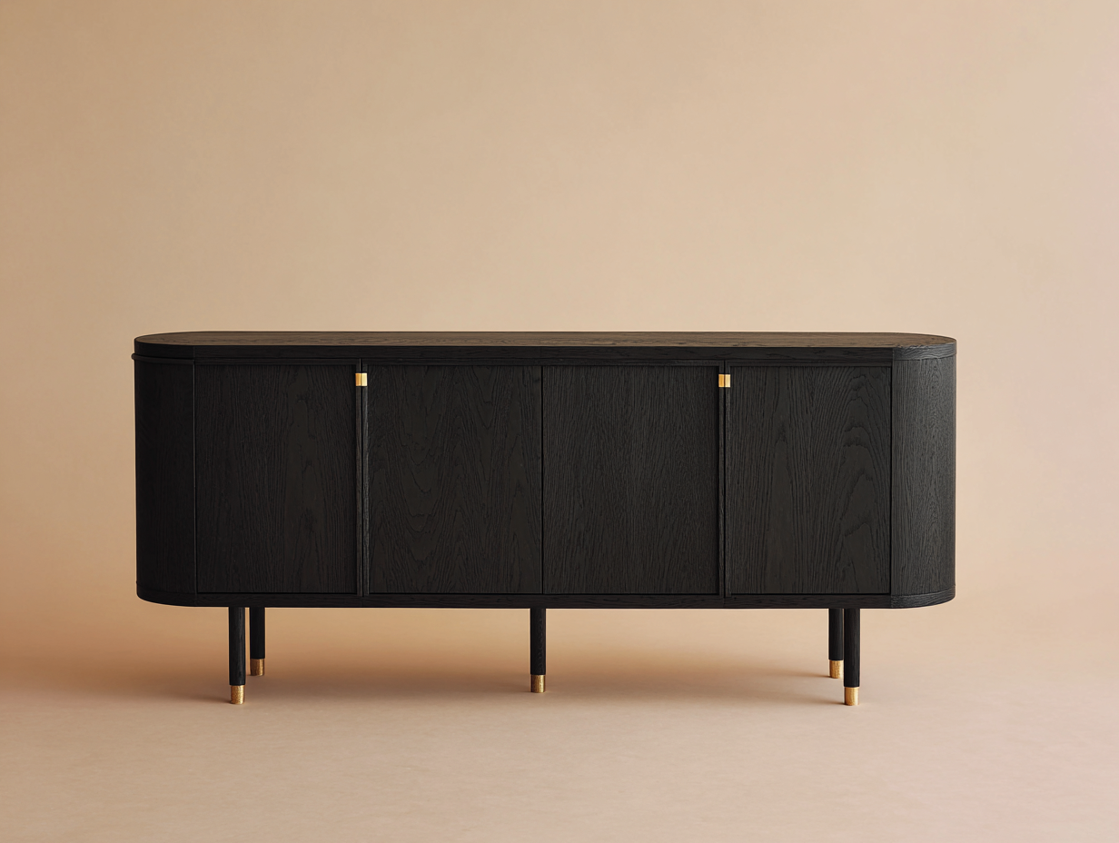 Sideboard-Holz-185×44×78 cm-Schwarz/Gold-Wohnzimmer-4 Türen mit ovaler Linienführung-Simosidecor