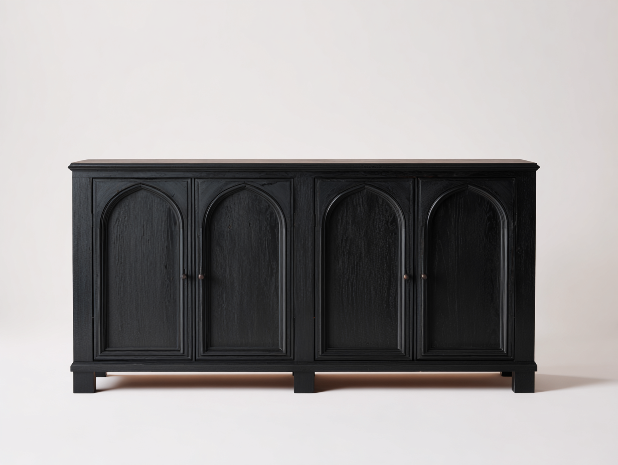 Sideboard-Holz-Metall-186×44×82 cm-Schwarz/Bronze-spitzbogiges Design fürs Wohnzimmer-Simosidecor