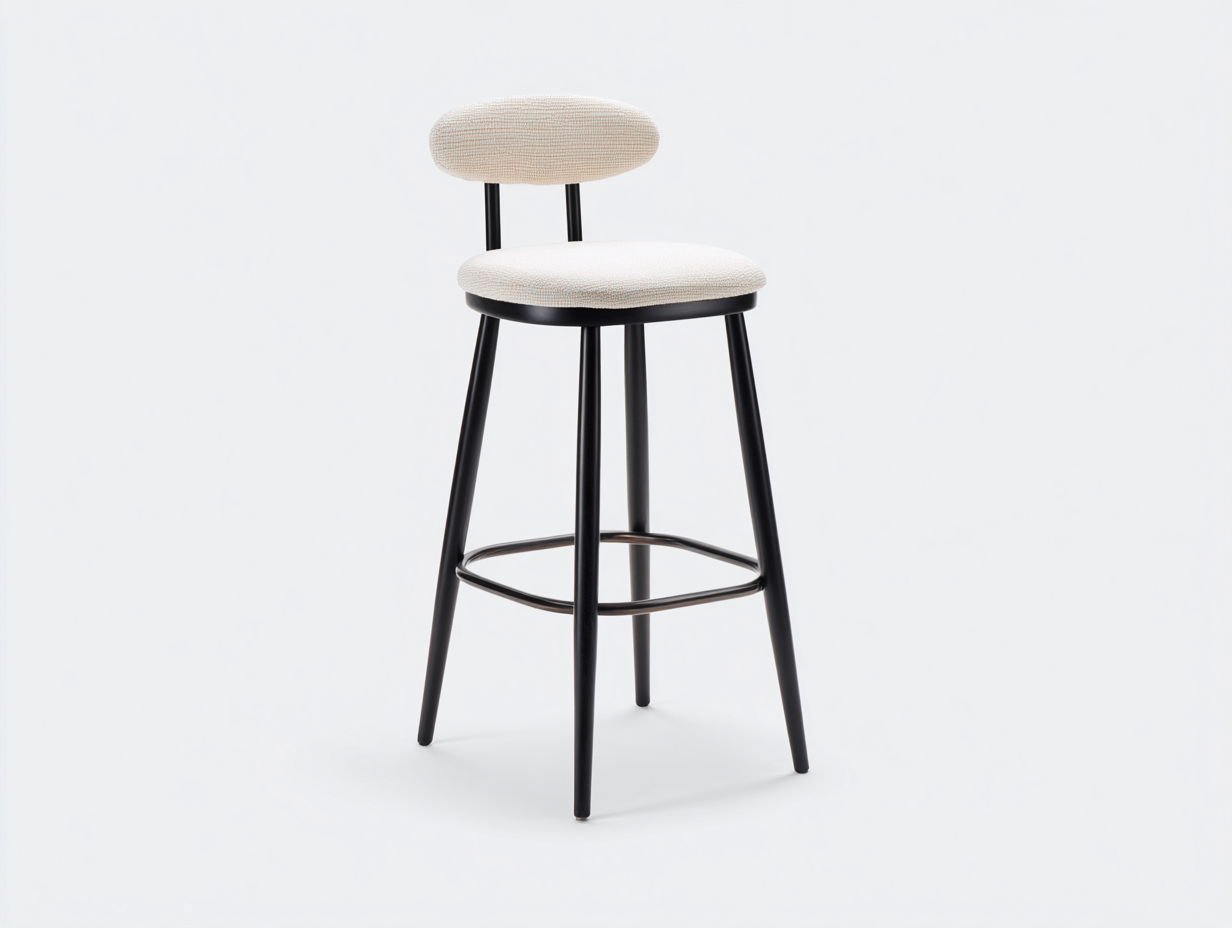 Barhocker-Stoff-Metall-48×50×96 cm-Cremeweiß/Schwarz-ovale Rückenlehne mit Fußring für die Hausbar-Simosidecor