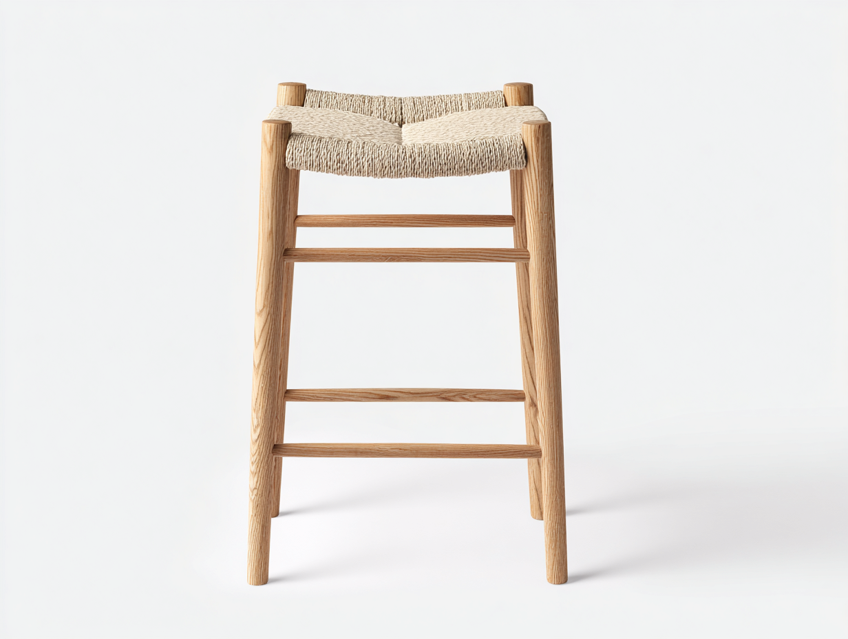 Barhocker-Holz-Seilgeflecht-48×49×96 cm-Naturfarben/Beige-mit Holzrücken und umlaufender Fußstütze für die Hausbar-Simosidecor