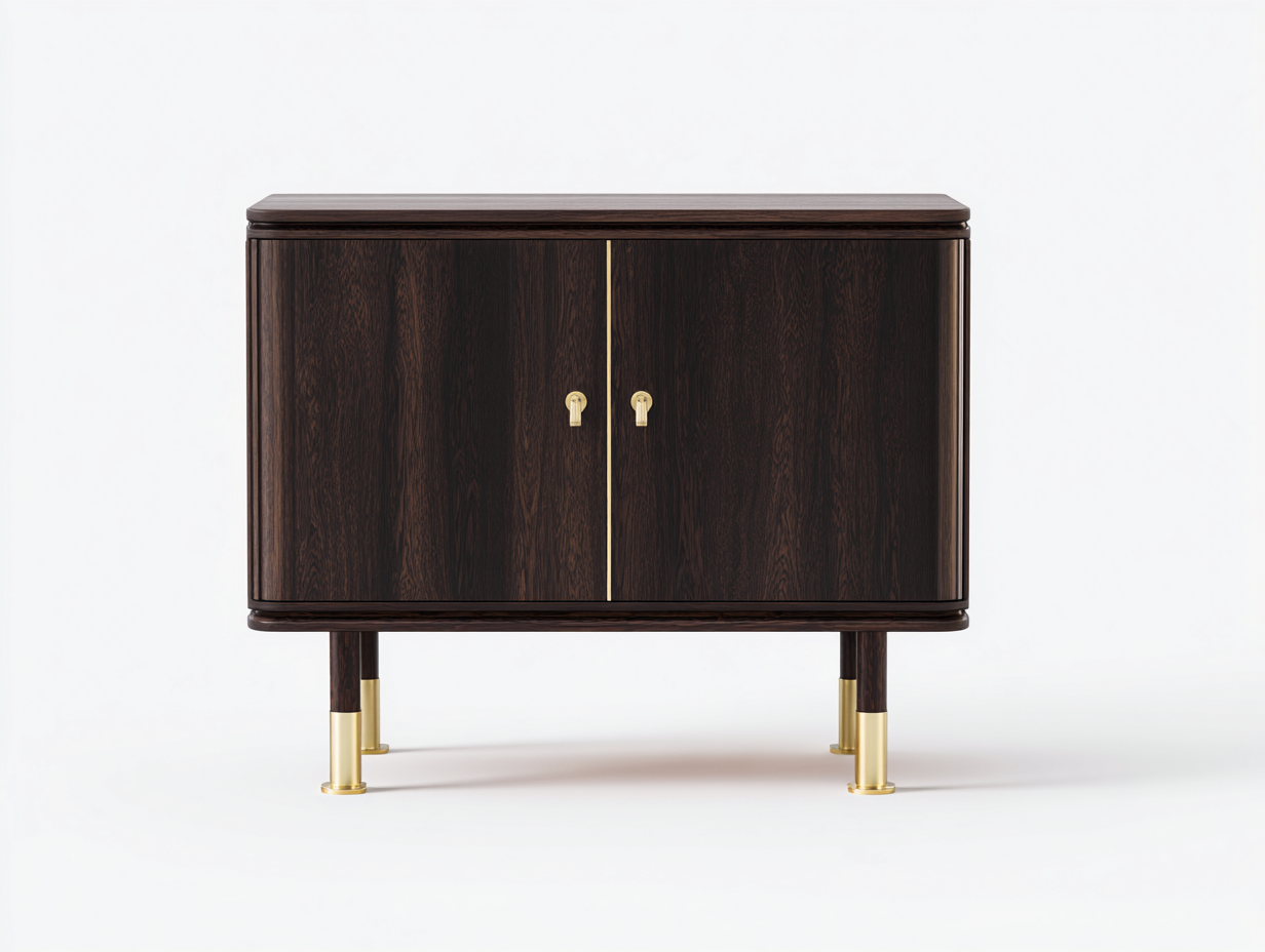 Sideboard-Holz-125×43×86 cm-Dunkelbraun/Gold-Wohnzimmer-2 Türen mit abgerundeter Front und Metallfüßen-Simosidecor