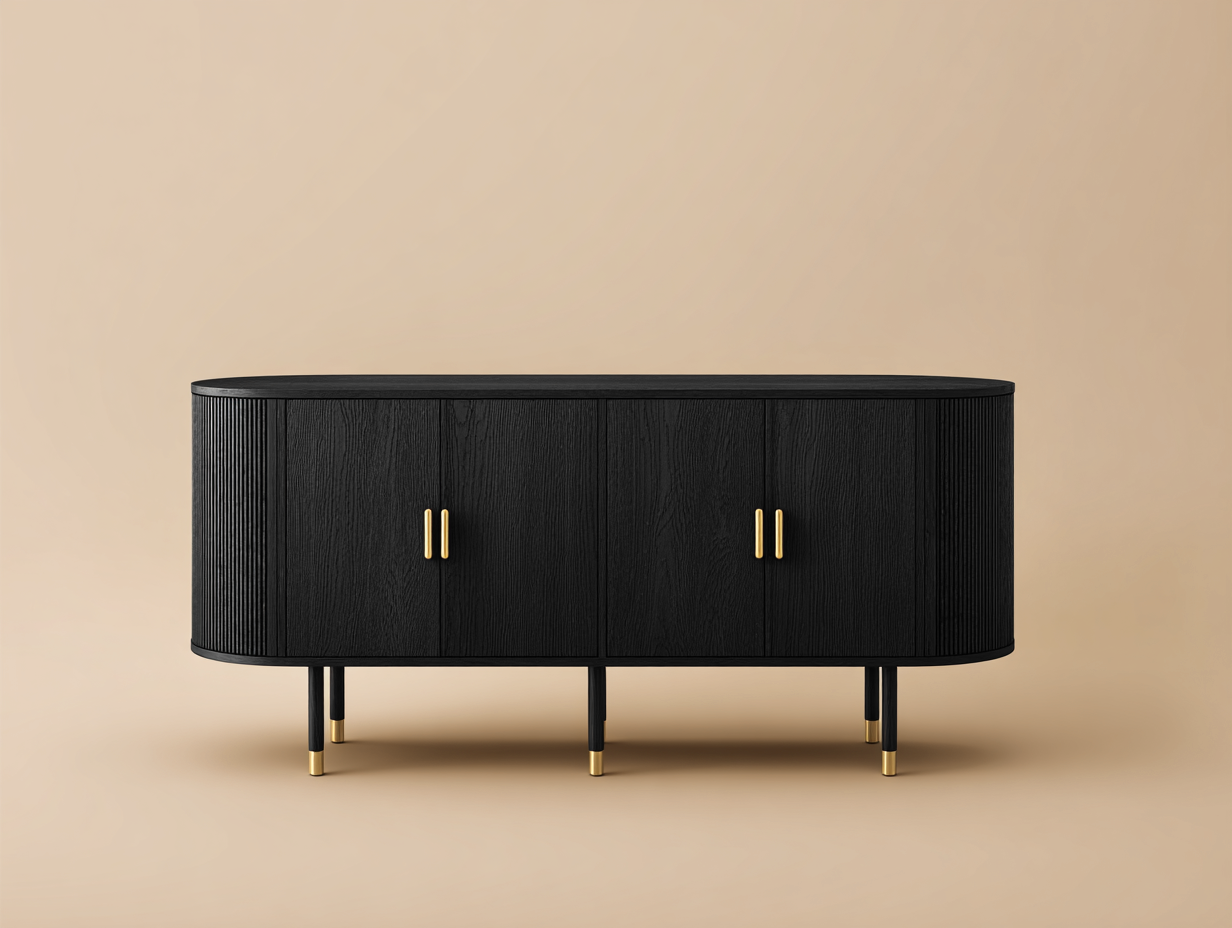Sideboard-Holz-180×45×80 cm-Schwarz/Gold-Wohnzimmer-4 Türen mit gerundeten Seiten-Simosidecor