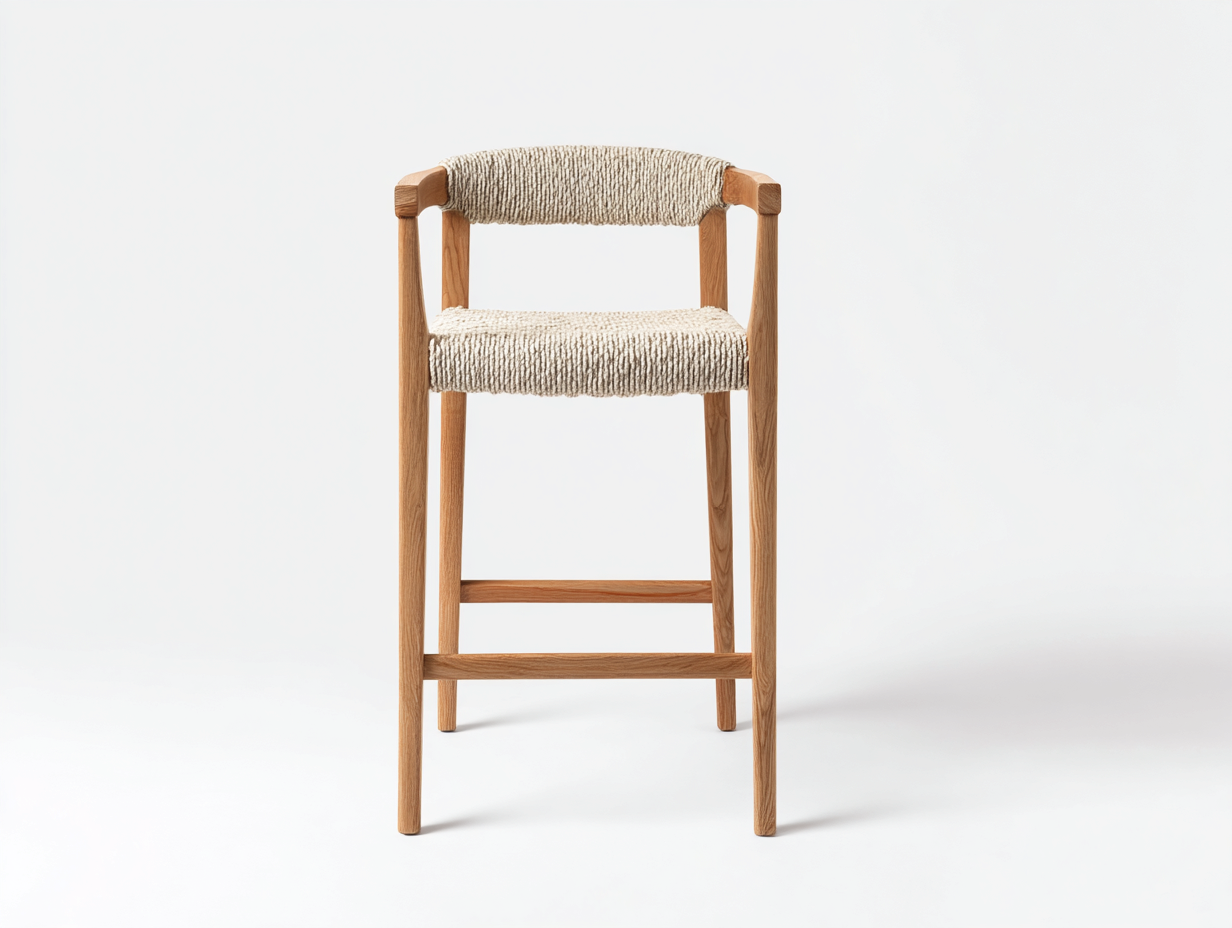 Barhocker-Holz-Seilgeflecht-47×43×75 cm-Naturfarben/Beige-rückenloser Sitz mit Fußstreben für die Hausbar-Simosidecor