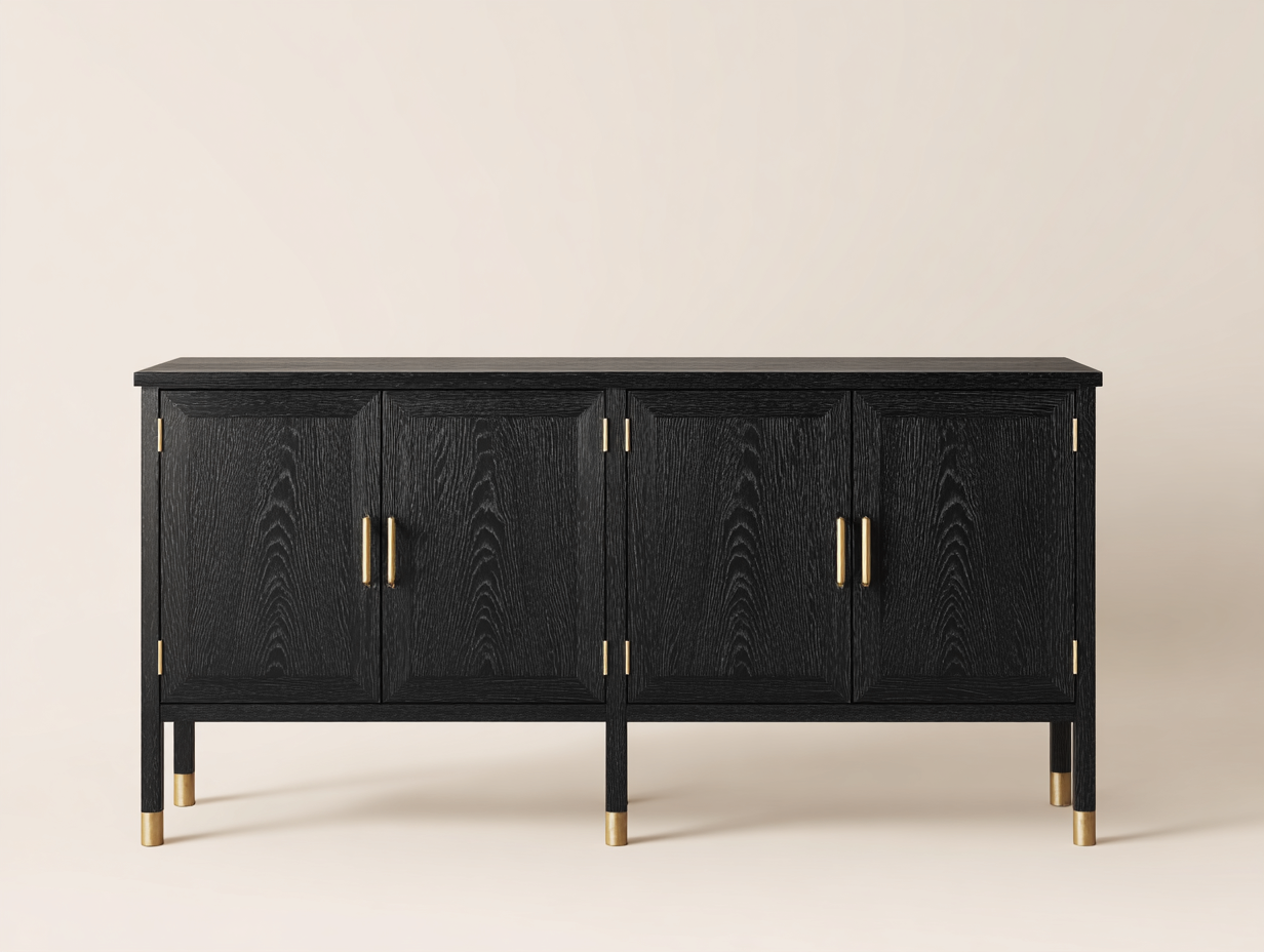 Sideboard-Holz-Metall-185×43×88 cm-Schwarz/Gold-vier Türen mit hohen Beinen und Goldkappen fürs Wohnzimmer-Simosidecor