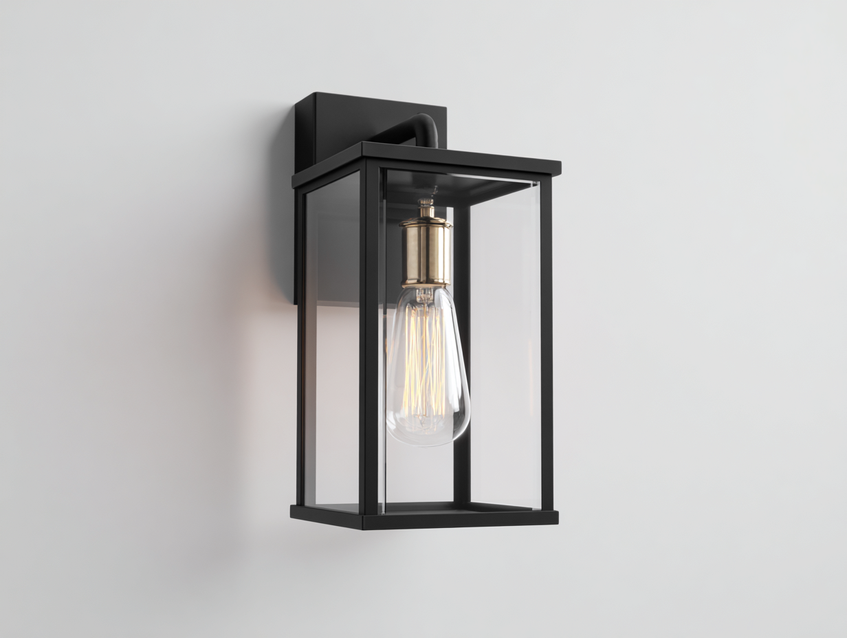 Schlichte Wandleuchte aus Metall und Glas 22×18×42 cm – Schwarz/Transparent/Gold – Laternenform für den Eingangsbereich-Hacorlyhome