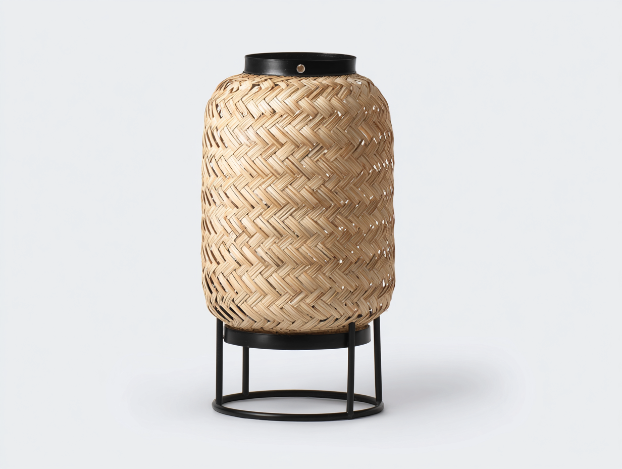 Bambusgeflecht-Leuchte 23×23×33 cm naturfarben mit schwarzem Rundfuß für Nachttisch im natürlichen Design-Hacorlyhome