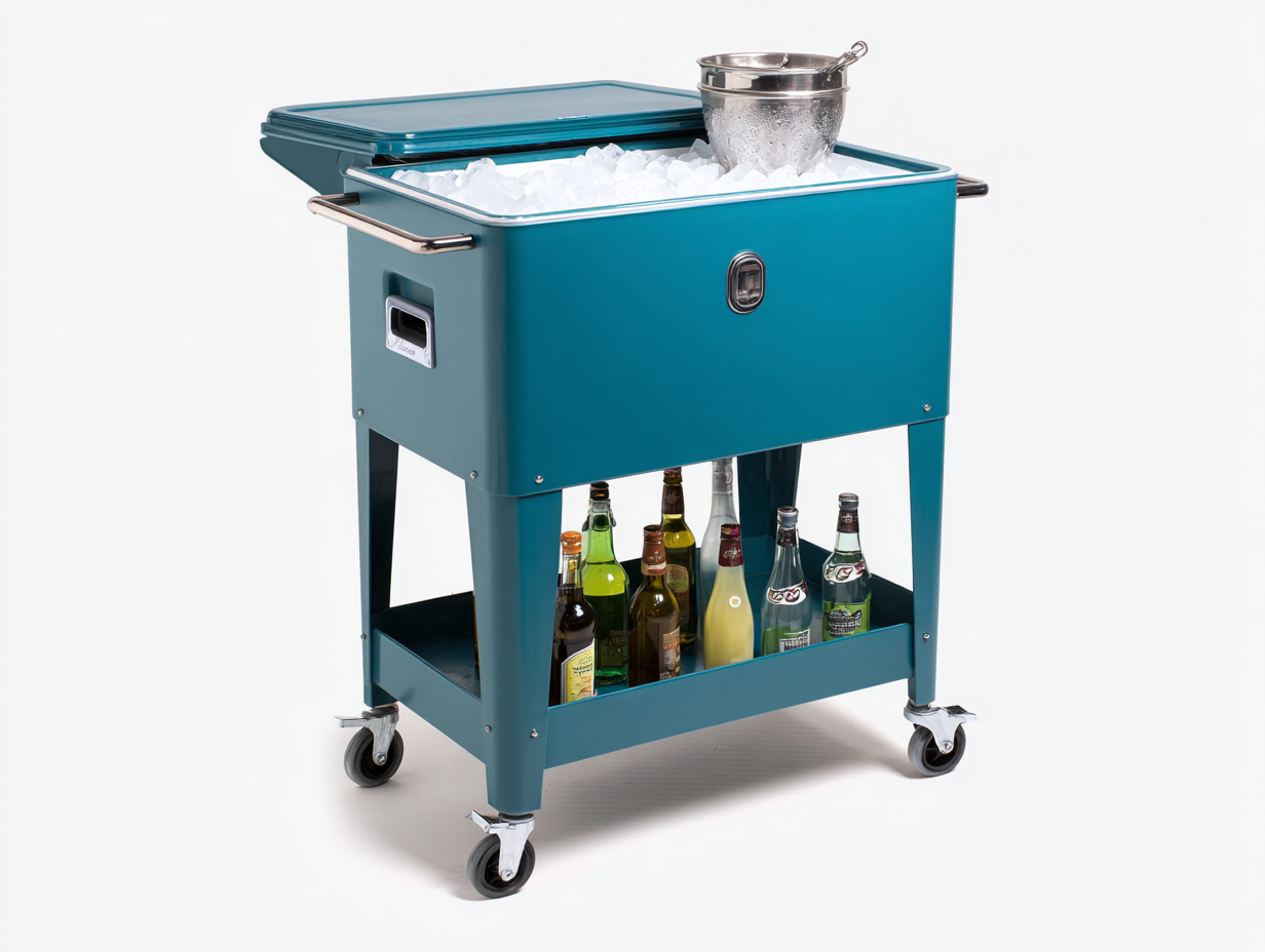 Getränkekühler auf Rollen 87×46×90 cm – Petrol/Silber – 57 l mit Ablage für die Terrasse-Hacorlyhome