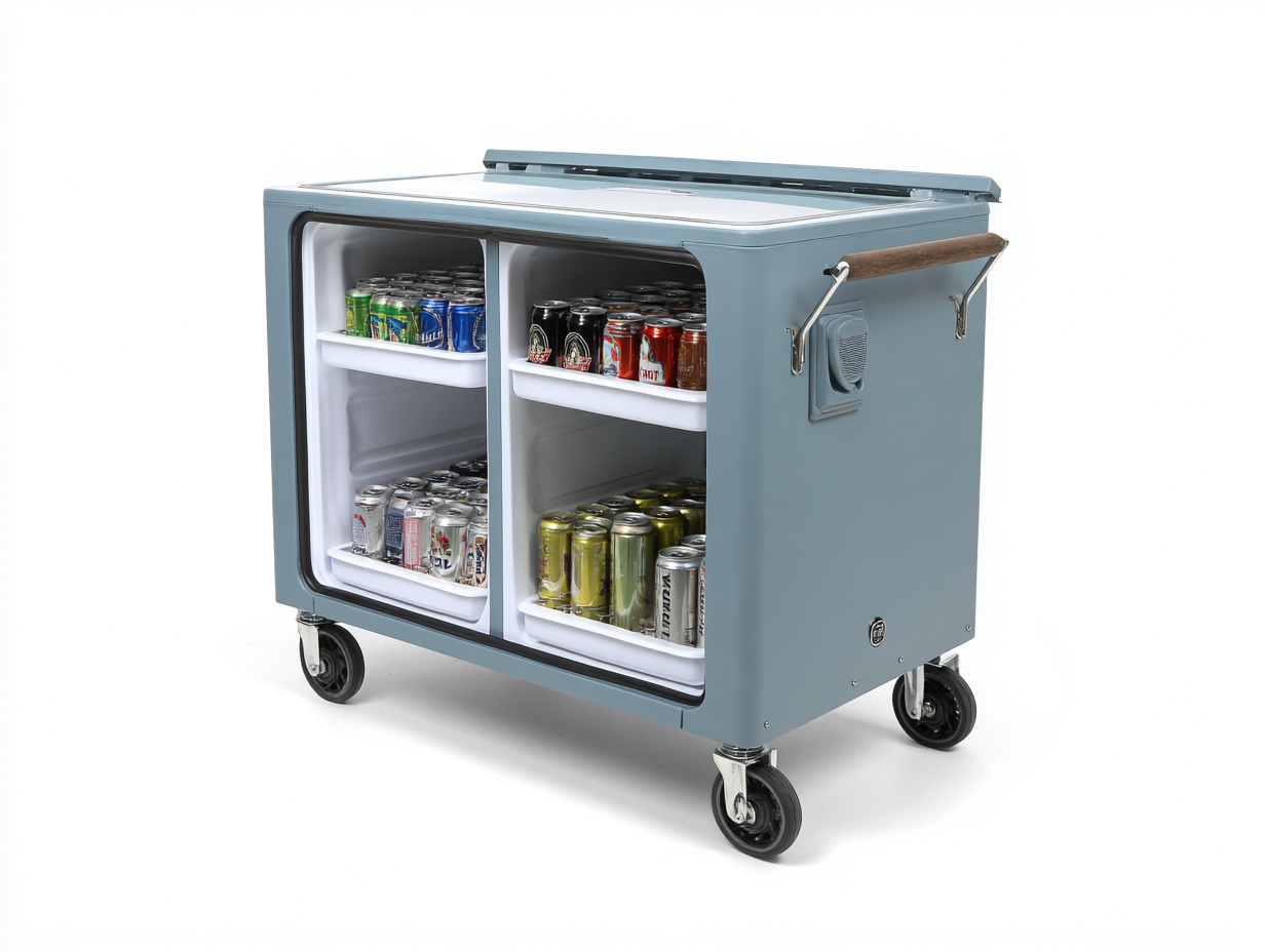Getränkekühler auf Rollen Metall 82×52×84 cm hellblau mit Innenfächern und Klappdeckel für Terrasse-Hacorlyhome