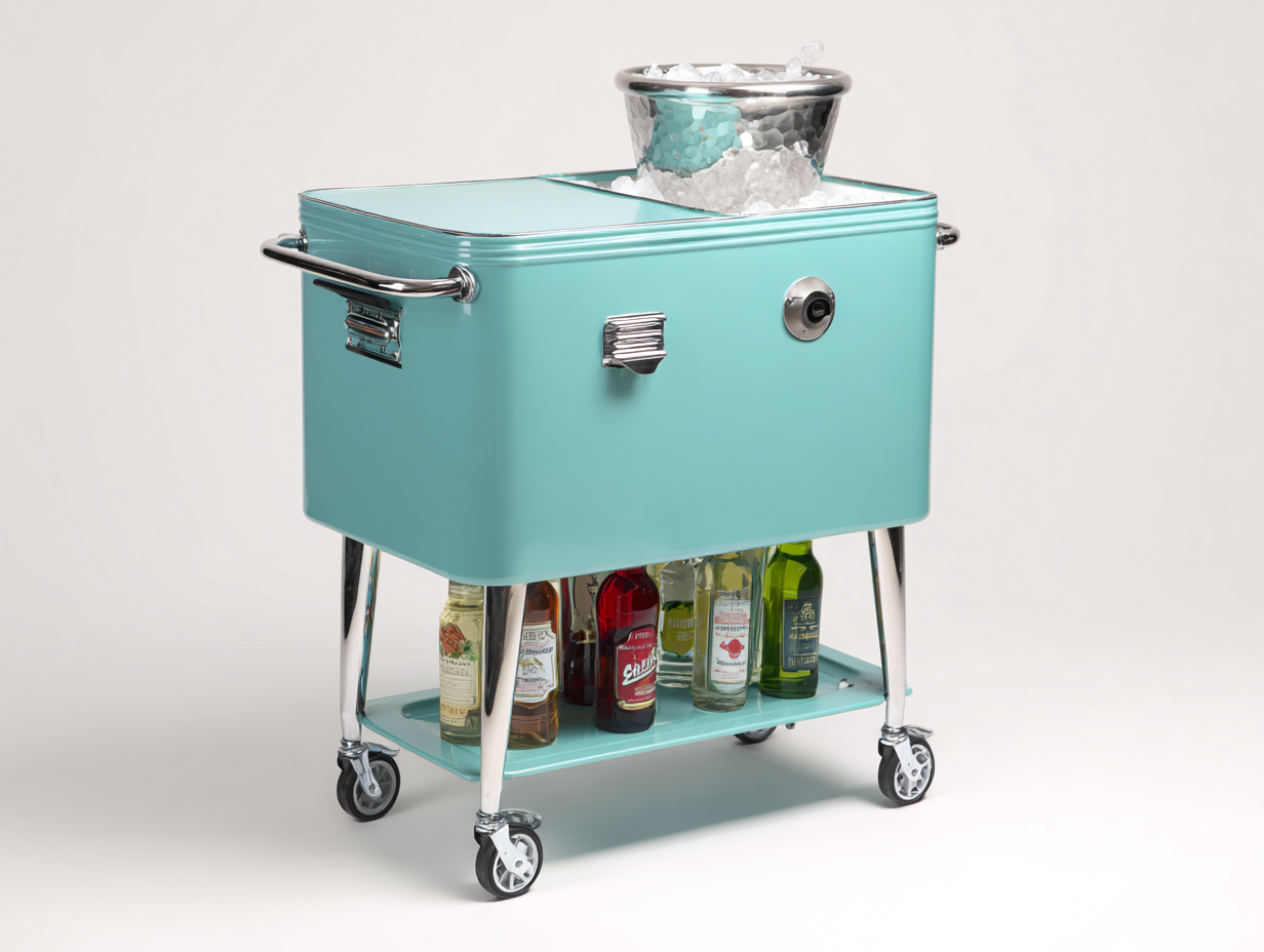Getränkekühler auf Rollen aus Metall 84×48×91 cm – Türkis/Silber – 57 l für die Terrasse-Hacorlyhome