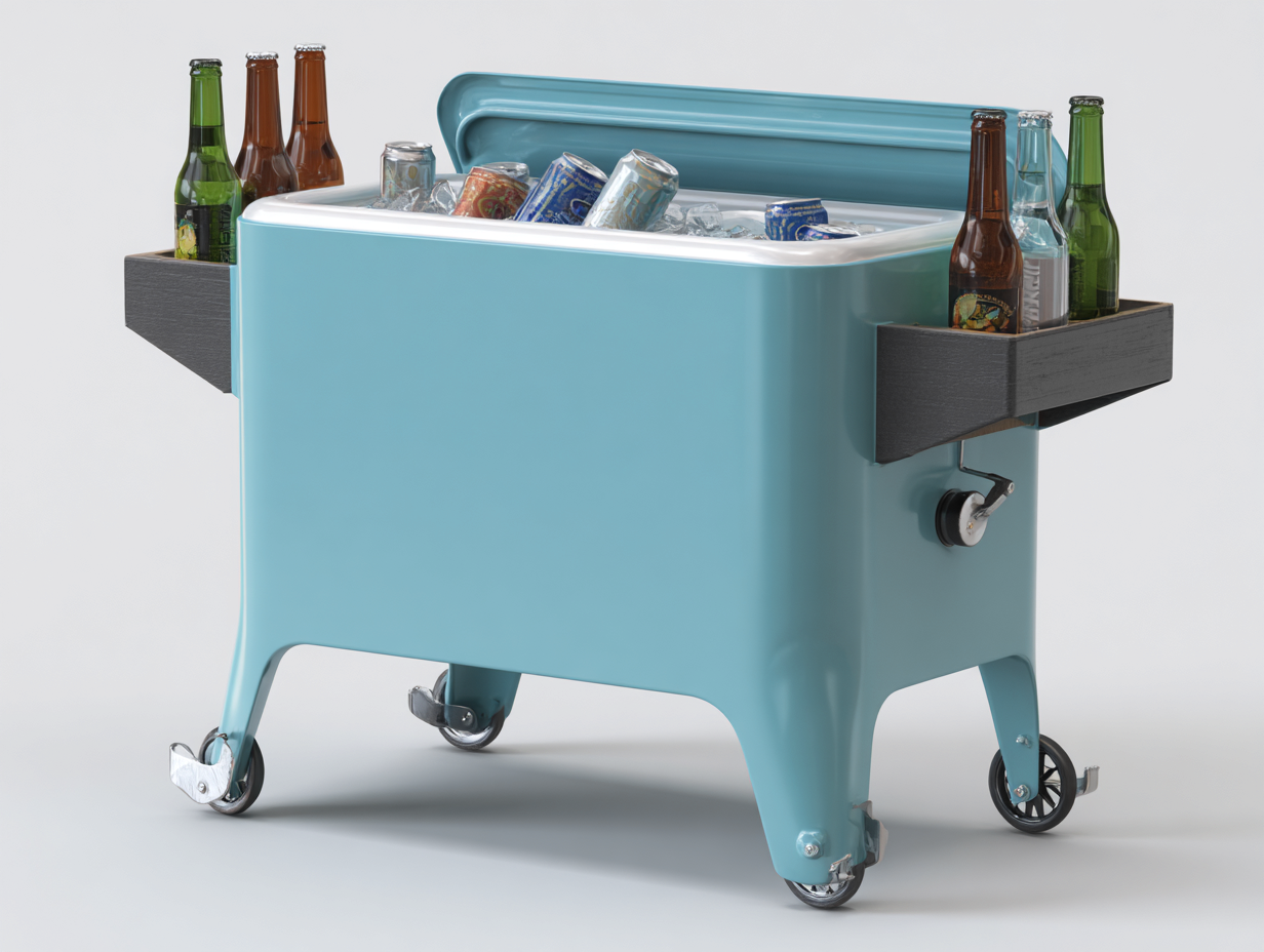 Getränkekühler auf Rollen Metall 80×50×82 cm türkis mit seitlichen Ablagen und mobilem Design für Terrasse-Hacorlyhome