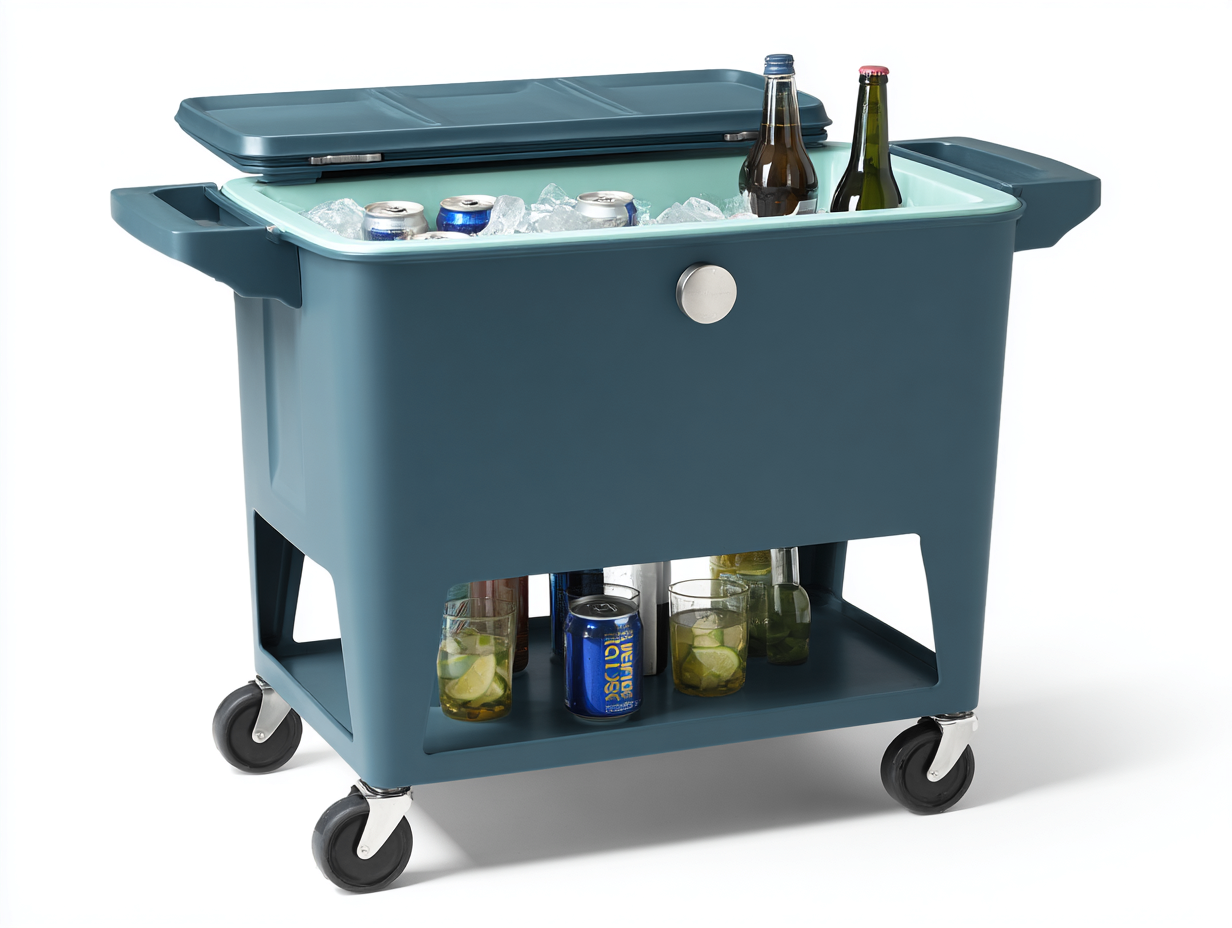 Getränkekühler auf Rollen Metall 84×48×86 cm blau mit Deckel und Ablagefläche für Terrasse-Hacorlyhome