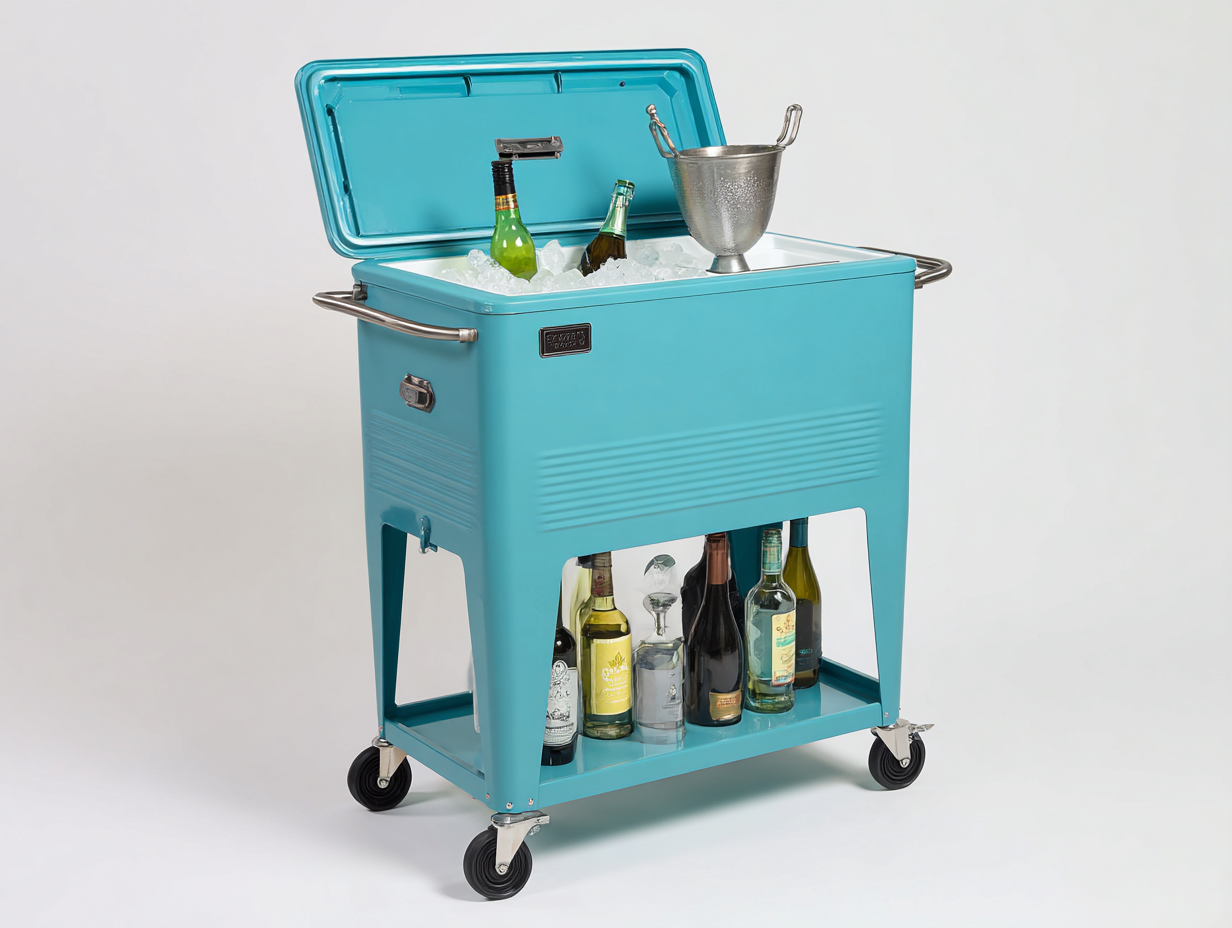 Hoher Getränkekühler auf Rollen aus Metall 88×49×96 cm – Türkis/Silber – 57 l mit Ablauf für die Terrasse-Hacorlyhome