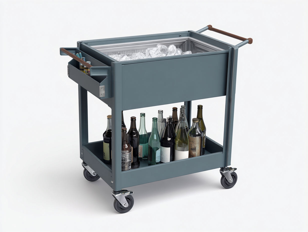 Getränkekühler auf Rollen Metall 82×48×90 cm blaugrau mit Flaschenablage und Klappdeckel für Terrasse-Hacorlyhome