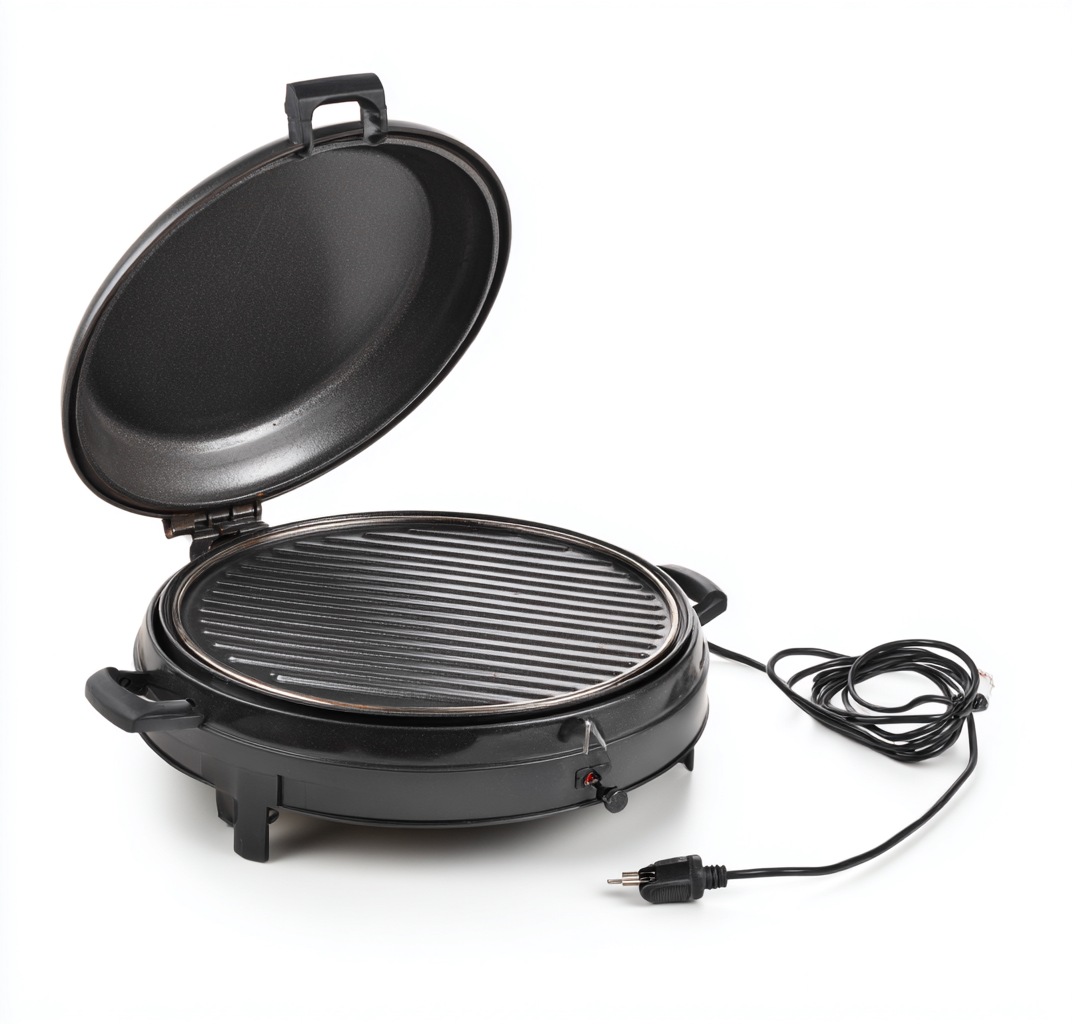 Elektrogrill Metall 46×46×28 cm schwarz rund mit Grillplatte und Deckel für Terrasse-Hacorlyhome