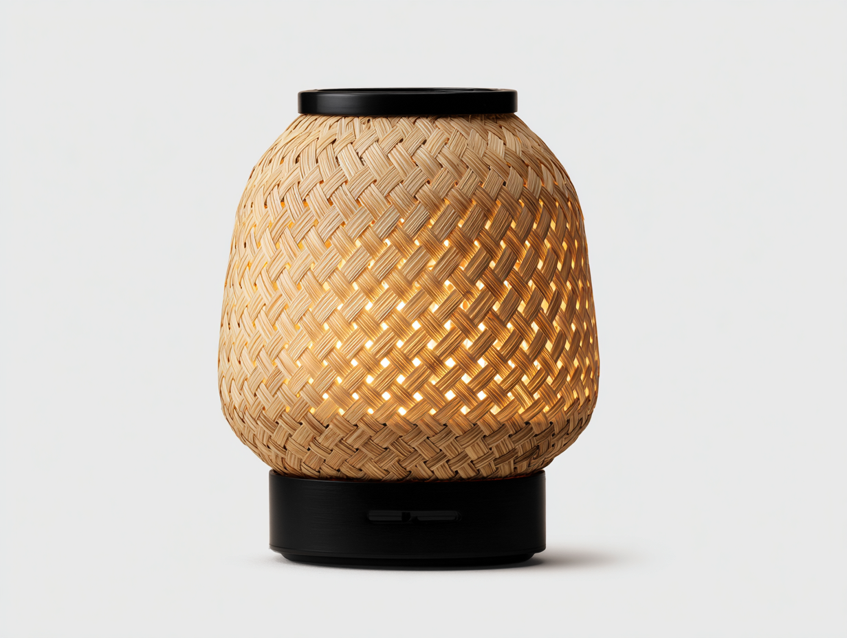 Bambusgeflecht-Leuchte 22×22×25 cm naturfarben mit schwarzem Sockel für Nachttisch im modernen Wohnstil-Hacorlyhome