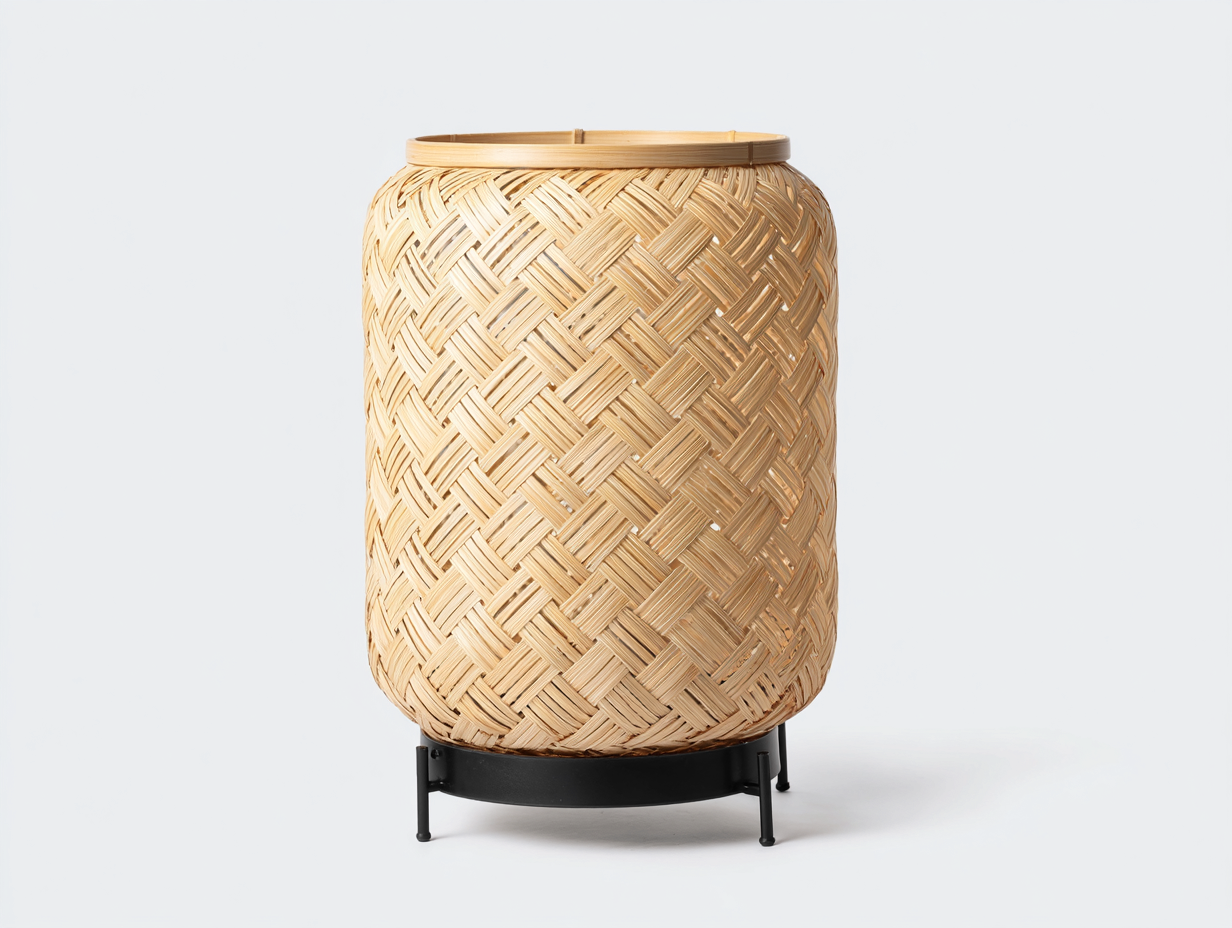 Bambusgeflecht-Leuchte 21×21×30 cm naturfarben mit schwarzem Standrahmen für Nachttisch im modernen Wohnstil-Hacorlyhome