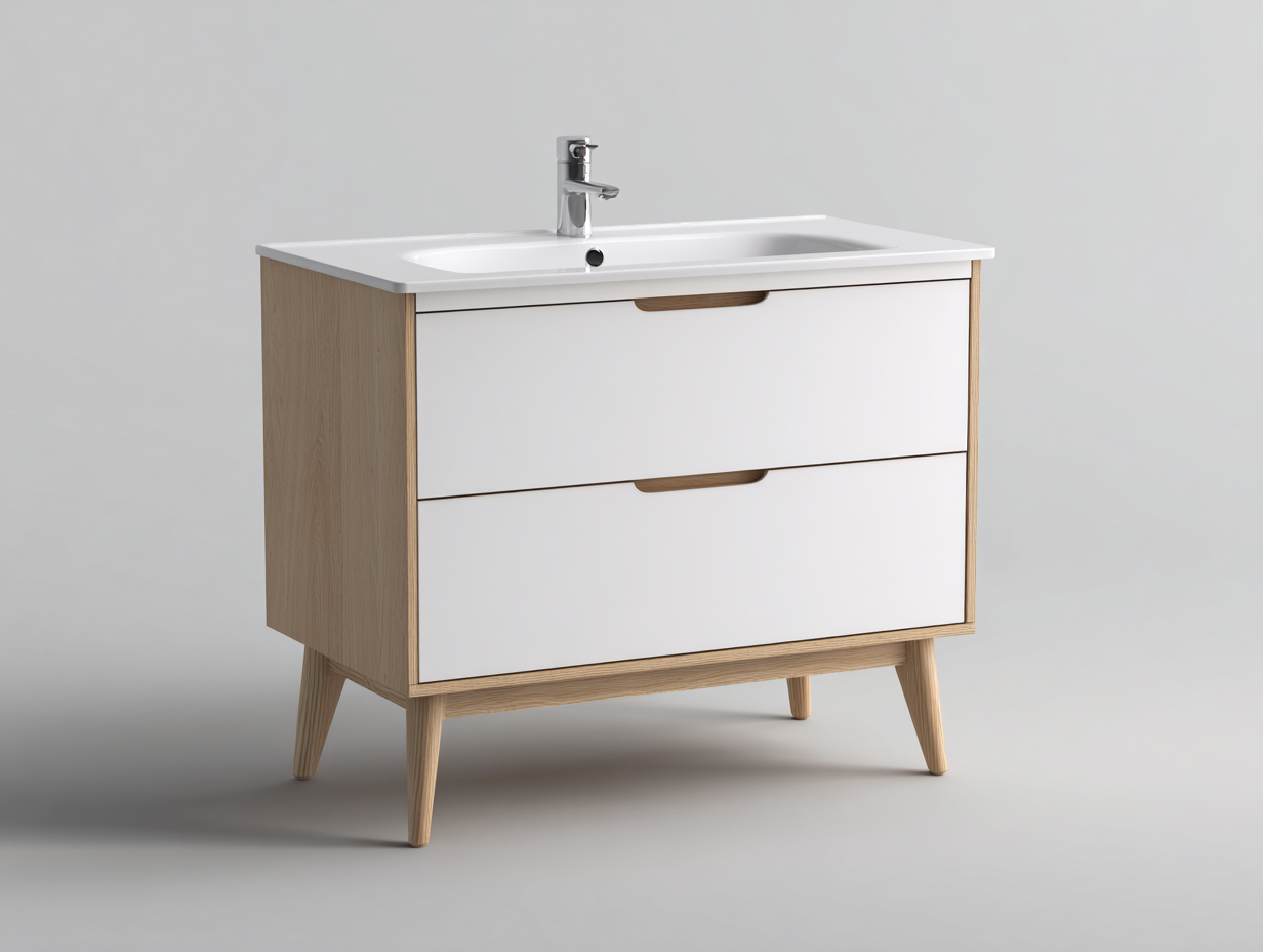 Badezimmer-Waschtisch aus Holzwerkstoff 100×50×88 cm – Weiß/Natur – Keramikbecken und 2 Schubladen-Faraocorner