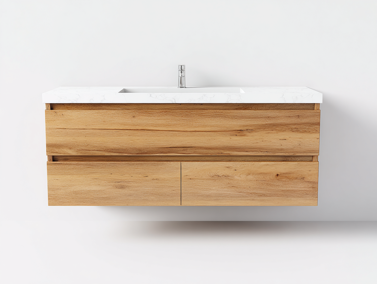 Badezimmer-Waschtisch 120×48×45 cm Eicheoptik mit schwebendem Design und weißer Marmorplatte modern-Faraocorner