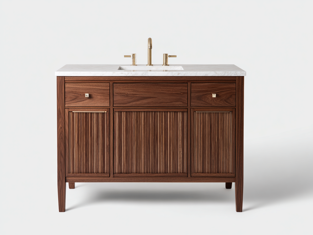 Badezimmer-Waschtisch 120×50×82 cm Nussbaumfarbe mit Marmoroptik Platte und geriffelter Front im eleganten Stil-Faraocorner