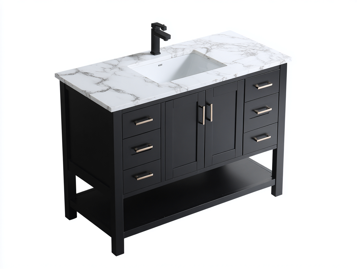 Badezimmer-Waschtisch 120×48×82 cm schwarz weiß mit Steinoptik Platte und geräumigem Stauraum für Bad-Faraocorner